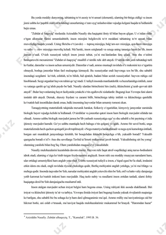 , xoliqi olamning bizning ibodatimizga ehtiyoji yo‘q. mo‘min kishi besh vaqt namozda ruhan poklanadi, ma’naviyat nuqtai nazaridan, namoz har bir musulmonning o‘z qilgan ishlari, qo‘ygan qadamlari uchun yagona alloh oldida sarhisobidir. har bir sajdaga bosh qo‘ygan inson haq oldida yuzma-yuz turib, bugun men borliq haqiqati oldidagi mas’uliyatimni qanday ado etdim, deb o‘z ko‘ngli oldida hisob beradi. sababi, uning ko‘ngli yagona haqning makonidir.o‘zbekiston respublikasining birinchi prezidentimizi o‘z mavqeyi va maqomidan kelib chiqib, doimo bir narsani bizga yurtdoshlariga ta’kidlashdan charchamaydi. har bir inson «o‘z mustaqil fikriga, sobit e’tiqodiga, o‘zi tayanib yashaydigan hayotiy milliy qadriyatlariga, shakllangan dunyoqarash va mustahkam iroda» ga, ya’ni bir so‘z bilan aytsak, mustaqil ma’naviyatiga ega bo‘lmog‘i kerak [footnoteref:2]. [2: ислом каримов. асарлари. 7-жилд.-б.86.] ma’naviyat insonning har bir xatti-harakatida o‘z ifodasini topadi. uning yashash tarzi, qilgan ishlari, yaratgan asari, mehnatining natijalari atrof-voqelikka munosabati barchabarchasi inson ma’naviyatining ko‘zgusidir. olimning kashfiyoti, shoirning she’ri, bastakorning musiqasi ma’naviy dunyo darakchilaridir. ammo did bo‘lmasa, idrok …