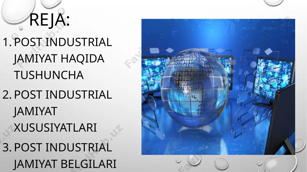 i xususiyatlari ushbu tavsifdan tubdan farq qiladi. haqiqat shundaki, biror narsani ishlab chiqarish bilan bog'liq bo'lgan barcha ishlar asosan mashinalar yoki robotlar tomonidan amalga oshiriladi. ya'ni, ishlab chiqarish sohasi to'liq avtomatlashtirilgan va ushbu tendentsiyaning dastlabki bosqichlarida bu ishsizlikning boshlanishiga sabab bo'lgan. iqtisodiyotning uchlamchi va to'rtlamchi tarmoqlari postindustriyali jamiyat bilan bevosita bog'liqdir. birinchisi doirasida quyidagi jihatlarni aytib o'tish mumkin: marketing; fan; ta’lim; moliyaviy xizmatlar; postindustriya jamiyatining belgilari jamiyatdagi ziyolilar (rassomlar va olimlar) sonining ko'payishi. mavhum haqiqatlar yoki nazariyalarning amaliyotdan ustunligi. texnologiya va innovatsiyalarning rivojlanishiga kuchli turtki. iqtisodiyotda xizmat ko'rsatish sohasi ustunlik qiladi. ijtimoiy hayotda ommaviy axborot vositalari hal qiluvchi rol o'ynaydi. o'simlik va hayvonot dunyosining ekologiyasi va sog'lig'iga g'amxo'rlik qilish. jamiyatda bitta o'rta sinfning shakllanishi. natijada, ilgari mavjud bo'lgan boy yoki kambag'al sinflar o'rtasidagi chegaralar xiralashishi. postindustriyadan keyingi jamiyat, shuningdek, fan va ta'limni hayotning barcha sohalariga ko'tarilishi jarayonini o'z ichiga oladi. aqlli va yaxshi o'qish modaga aylandi. madaniyatda ham, kundalik hayotda …