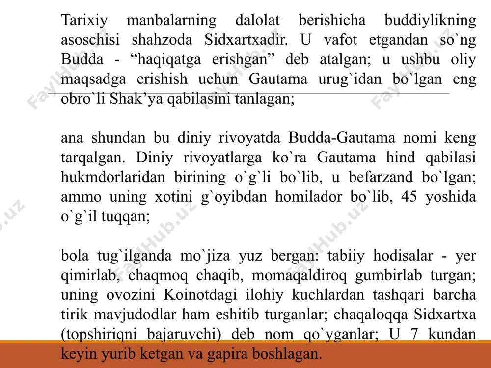 sh yo‘li mavjud». bu yo‘l – «sakkizta narsaga amal qilish, to‘g‘ri tushunish, to‘g‘ri harakat qilish, to‘g‘ri muomalada bo‘lish, fikrni to‘g‘ri jamlash». buddaviylikning maxayana yo‘nalishi xitoyga milodning 1-asrida kirib kelgan. mil. iii–vi asrlarda buddaviylik xitoy hududida keng tarqaldi. bu vaqtda poytaxt yaqinidagi loyana hamda chanani kabi shaharlarda 180 ga yaqin budda ibodatxonalari hamda diniy markazlar faoliyat yuritgan. maxayananing shakllanishida kushon davlatining roli katta bo‘lgan. kushon davlatidan buddaviylikning maxayana yo‘nalishi sharqda, markaziy osiyoning davlat va shaharlariga tarqala boshladi. buyuk ipak yo‘li orqali birinchi buddaviylik targ‘ibotchilari mil. av. ii asrdayoq xitoyga kelgan. buddaviylik miloddan avvalgi 1-ming yillik oxirlarida shri-lanka, o‘rta osiyo, markaziy osiyo hamda old osiyoni o‘z ichiga olgan kushon imperiyasiga kirib keldi. bizning diyorimizda olib borilgan arxeologik qazilmalar asnosida o‘ratepa, dalvarzintepa, quva, zartepa, qorovultepa, ayritom mavzelaridan topilgan shakyamuni sanamlari, hayvon haykalchalari, ramziy g‘ildiraklar va stupa qoldiqlarining guvohlik berishicha, kushon imperiyasida buddaviylikka katta ahamiyat berilgan. buddaviylik: milodning i asrida xitoy, iv asrda koreya, …
