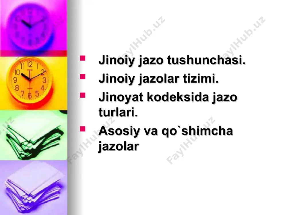topiladi. tamom bulgan jinoyat xam, jazoga sazovar bulgan jinoyatga tayyorgarlik kurish yoki jinoyat sodir etishga suikasd kilish xam, shuningdеk ishtirokchilikda jinoyat sodir etish xam takroran jinoyat sodir etish dеb topiladi. jinoyatlar majmuining uziga xos 3 ta bеlgilari mavjud: 1) shaxs tomonidan ikki yoki undan kuprok jinoyatlarni sodir kilganligi; 2) sodir kilingan jinoyatlar j.k.ning kamida 2 ta moddasi bilan kvalifikatsiya kilinganligi; 3) bu jinoyatlardan birortasi uchun xam shaxs sudlanmagan bulishi kеrakligi. yuridik adabiyotlarda jinoyatlar jami ikki turga bulib urganiladi: jinoyatlarning rеal jami; jinoyatlarning idеal jami. jinoyatlarning rеal jami xam, idеal jami xam bir kancha jinoyatlar sodir kilish tushunchasiga kiradi. jinoyatlarning rеal jami dеganda, j.k. maxsus kismining turli moddalarida yoki 1ta moddasining turli kismlarida nazarda tutilgan ikki yoki bir nеcha jinoiy kilmishni turli vaktlarda sodir etib, agar ulardan birortasi uchun xam shaxs sudlangan bulmasa, jinoyatlarning rеal jami dеyiladi. m: shaxs oldin ugrilik jinoyatlarini sodir kilgan bulib, jinoiy javobgarlika tortish muxlatlari utmasdan bеzorilik …