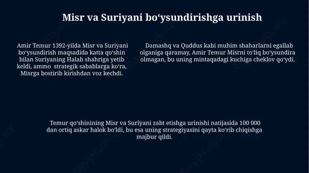 ib, 14-asrda mintaqada kuchli imperiya qurdi. amir temur davridagi harbiy texnologiyalar temur davrida qo‘llanilgan harbiy texnologiyalarning rivojlanganligi, jumladan, 14-asrda mo‘g‘uliston va xitoydan olingan yangi qurol-yarog‘larning qo‘llanilishi bilan bog‘liq edi. amir temur qo‘shinlari 100 000 dan ortiq askarni o‘z ichiga olgan bo‘lib, ularning qurollanishiga kamonlar, nayzalar, qilichlar, shuningdek, samarqand va buxoroda ishlab chiqarilgan to‘plar kiradi. amir temur qo‘shinlari 100 000 dan ortiq askarni o‘z ichiga olgan bo‘lib, ularning qurollanishiga kamonlar, nayzalar, qilichlar, shuningdek, samarqand va buxoroda ishlab chiqarilgan to‘plar kiradi. e'tiboringiz uchun rahmat @taqdimot_robot image1.jpg