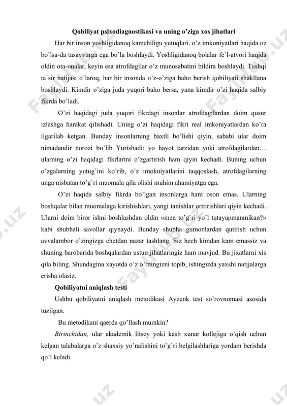 talabalarga o’z shaxsiy yo’nalishini to’g`ri belgilashlariga yordam berishda qo’l keladi. ikkinchidan, ularni o’qitish samaradorligini oshirish maqsadida qo’llanilishi mumkin. o’qituvchi o’quvchilar qobiliyatini, qiziqishlarini aniqlab, undan o’z darslarida foydalanishi mumkin. testni to’g`ri qo’llash uchun quyidagi shartlarga qat`iy amal qilinadi: 1. ajratilgan vaqt birligiga (80 ta savol uchun 40 daqiqa) qat`iy rioya qilish. 2. sinaluvchining savol mazmunini to’g`ri idrok etishga va tushunilishiga erishish. 3. javoblar sinaluvchining mustaqil fikriga asoslanganligiga erishish. 4. savollarga berilgan javoblarni ishlab chiqish (100 ballik tizim asosida) sinaluvchi savollarni diqqat bilan o’qib chiqadi. qaysi savol o’zi haqida ketayotganiga ishonch hosil qilsa, shu savolga belgi qo’yadi, qolgan savollarga xech qanday belgi qo’ymaydi. sinaluvchi savollarga shoshilmasdan ochiq oydin va to’g`ri javob berishi lozim. belgilangan savollarning kam yoki ko’pligi muhim emas. sinaluvchida «qancha ko’p savollarni belgilasam, shuncha ijobiy javob olaman» degan fikr tug`ilmasligi kerak. endi bu savollarga javoblarni baholash ustida to’xtalamiz. sinaluvchi o’zi belgilagan savol nomerlarni quyidagi jadvalda doira ichiga olib chiqadi. qaysi …