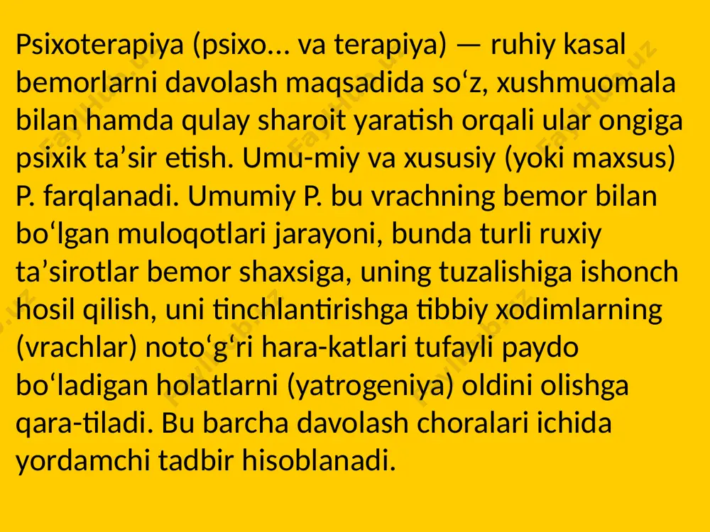 hni uxlatadigan vositalar (dorilar)dan foydalanib ba-jaradilar. gipnoz p.ning koʻp qoʻlla-nadigan usulidir. p. nevrasteniya va boshqa shunga oʻxshash holatlarda, jumladan, jinsiy ojizliqsa (impotensiya), miyadan ketmaydigan holatlar nevrozida, isteriya nevro-zida, psixopatiyalarda, alkogolizm va narkomaniyalarda keng qoʻllanadi. mavzu:karl yaspers va martin xaydegger faylasuf-ekzistensialitlarning psixologiyaga ta'siri. karl yaspers va martin xaydegger – faylasuf ekzistensialistlarning psixologiyaga ta’siri. ekzistensializm falsafasi (kontseptsiyasi, asosiy g'oyalari va vakillari) ekzistensializm - falsafiy yo'nalish inson hayotini, inson mavjudligini o'z predmeti deb hisoblaydi. ekzistensializmning rivojlanishi germaniyada m.xaydegger va k.yaspers, j.-p. nomlari bilan bogʻliq. frantsiyada sartr va a. kamyu. ekzistensializmning falsafiy tafakkur uslubi ko‘pincha badiiy tildan o‘z ifodasini topadi, borliqni bevosita bir narsa sifatida “tushunish” va intellektualizmning ratsionalistik chegaralarini yengish istagi bilan ajralib turadi. martin xaydegger (1889-1976) nemis ekzistensializmining otasi bo'ldi. u o‘zining “borliq va zamon” nomli asosiy asarida inson borlig‘ining asosini cheklilik, zamonsizlik deb belgilaydi. inson borligi davom etar ekan, dunyo bor, u yo‘q bo‘lib ketadi, dunyo ham yo‘q bo‘lib ketadi. vaqtni …