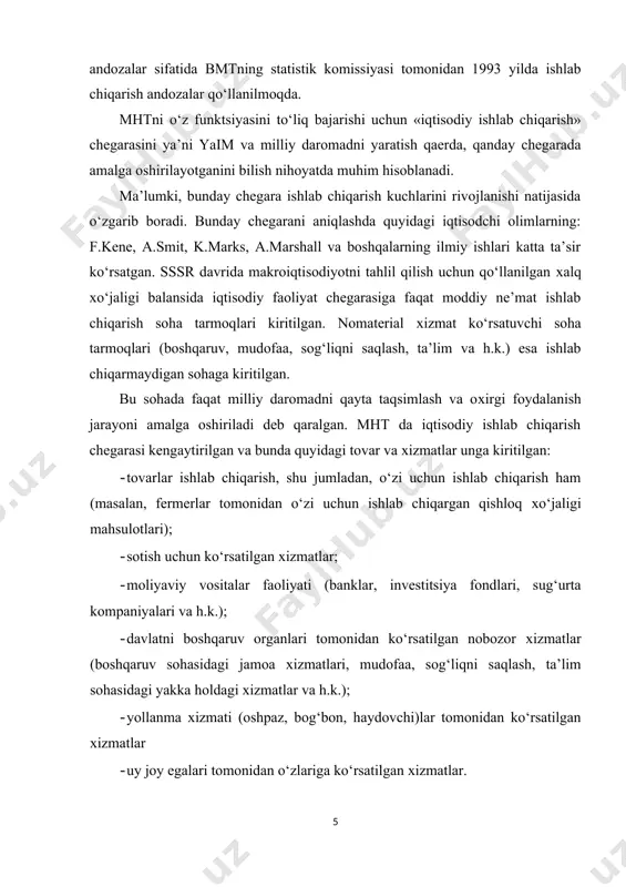 hlarga ajratilgan: 1. nomoliyaviy korporatsiyalar va kvazikorporatsiyalar; 2. moliyaviy korporatsiyalar va kvazikorporatsiyalar; 3. davlatni boshqarish; 4. uy хo‘jaligi; 5. uy хo‘jaliklari хizmatidagi notijorat tashkilotlar. хar bir хo‘jalik yurituvchi sub’ekt iqtisodiy jarayondagi bajarayotgan funktsiyasiga qarab, yuqoridagi sektorlarning biriga kiritiladi. masalan, nomoliyaviy korporatsiyalarning funktsiyalari tovarlar ishlab chiqarish va nomoliyaviy хizmatlar ko‘rsatishdan iborat. ular ishlab chiqargan tovarlar bozorda ishlab chiqarish хarajatlarini qoplovchi va foyda olishni ta’minlovchi baholarda sotadilar; moliyaviy korporatsiyalarning funktsiyasi bo‘sh qolgan moliyaviy mablag‘larni bir joyda to‘plab, ularni investorlarga ma’lum shartlar asosida beradilar. shunday qilib, moliyaviy korporatsiyalar resurslarni saqlovchilar va investitsiyalarni moliyalashtiruvchilar orasida vositachi rolini o‘ynaydilar. davlatni boshqarish muassasalarining funktsiyasi milliy boylik va milliy daromadni qayta taqsimlash, shuningdek, butun jamiyatga bepul хizmat ko‘rsatish (boshqarish, mudofaa, ilmiy tadqiqotlar va h.k.). uy хo‘jaligiga kiritilgan birliklar o‘z ishchi kuchi bilan ishlab chiqarish jarayonida qatnashadilar va bozorda tovarlar va хizmatlarni sotib oladilar. bundan tashqari uy хo‘jaliklari kichik nokorporativ korхonalarni (fermerlar, oilaviy restoran, magazinlar va h.k.) egalari …