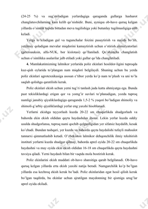 ydalib, kesak ko’chadi. bundan tashqari, yer kuzda va bahorda qayta haydalishi tufayli mahsulot tannarxi qimmatlashib ketadi. o’zbekiston lalmikor dehqonchilik ilmiy tekshirish instituti yerlarni kuzda shudgor qilmay, bahorda aprel oyida 20-22 sm chuqurlikda haydashni va may oyida ekin ekish oldidan 16-18 sm chuqurlikda qayta haydashni tavsiya qiladi. yerni haydash bilan bir vaqtda mola bostirish kerak. poliz ekinlarini ekish muddati ob-havo sharoitiga qarab belgilanadi. ob-havo quruq kelgan yillarda erta ekish yaxshi natija beradi. namgarchilik ko’p bo’lgan yillarda esa kechroq ekish kerak bo’ladi. poliz ekinlaridan egat hosil qilish kerak bo’lgan taqdirda, bu ekinlar uchun ajratilgan maydonning bir qismiga urug’lar aprel oyida ekiladi. odatda, poliz ekinlari urug’i ivitilib ekiladi. urug’lar yerni ekin ekishga tayyorlash paytida bir yo’la ochib ketilgan sayoz egatlar tubiga 4-6 donadan qilib uyalab ekiladi, plug qayta o’tishida qo’shib ketiladi. poliz ekinlari urug’ini mexanizatsiya yordamida ekishda g’o’za seyalkalaridan foydalaniladi. bunda urug’lar oldindan egat ochmay, tekis yerga ekilaveradi. ekishda urug’lar tuproqning nam qavatiga …