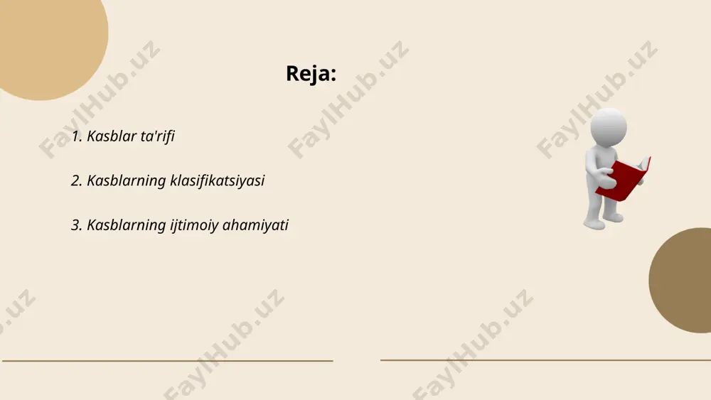 angi kasb turlarining paydo bo‘lishiga olib kelmoqda. masalan, axborot texnologiyalari sohasi kelgusida yana ko‘plab yangi imkoniyatlar yaratishi kutilmoqda. kasblarning rivojlanishi shuningdek, mavjud kasblar ichida o‘zgarishlarni ham keltirib chiqaradi, masalan, dasturiy ta'minot ishlab chiqarish sohasidagi yangi texnologiyalar. ... t.me/slaydai_bot 5 kasblarning ta'limiy asoslari 5 kasblarning ta'limiy asoslari. kasbni egallash uchun zarur bo‘lgan ta'lim va malaka har xil bo‘lishi mumkin. oliy ma'lumot talab etiladigan kasblar bilan bir qatorda, texnik va o‘rta maxsus ma'lumotga ega bo‘lishni talab qiladigan kasblar ham mavjud. ta'lim dasturlari kasbga qarab farq qiladi va doimiy ravishda yangilanib turishi kerak, bu esa o‘z navbatida ta'lim tizimiga zamonaviy talablarni qo‘yadi. ta'lim muassasalari bu o‘zgarishlarni inobatga olib, o‘quv dasturlarini yangilashi zarur. ... t.me/slaydai_bot 6 kasblarning mehnat bozorida roli. kasb tanlashda mehnat bozorining talablari muhim rol o‘ynaydi. ba'zi kasblar yuqori talabga ega bo‘ladi, bu esa ularga bo‘lgan ehtiyojni ko‘rsatadi. mehnat bozori dinamikasi kasb-hunar ta'limi va tayyorgarlikning muhim jihatlarini belgilaydi. shuningdek, global iqtisodiy o‘zgarishlar …