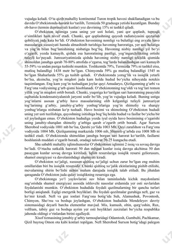 sining asosiy 75% ni oʻzbeklar tashkil qiladi. undan tashqari rus, tatar, tojik, qozoq, qoraqalpoq, koreys, yaxudiy, uygʻur va boshqa xalqlar yashaydi(130 dan ortiq millatlar). oʻzbekiston respublikasining maʼmuriy-hududiy boʻlaklari soni: 1. viloyatlar-12 ta va bitta qoraqalpogʻiston respublikasidan iborat. 2. tumanlar- 18 ta 3. shu jumladan qishloq tumanlari-163 ta 4. shahar tumanlari- 18 ta 5. shaharlar jami-12 ta 6. respublikaga buysunuvchi shaharlar- 1 ta. 1. andijon viloyati. markazi andijon (307,4 ming kishi yashaydi). viloyatning tuzilgan vaqti 1941 y, 6 mart, hududi 4,24 ming kv.km. aholisi 1993 yil 2 mln. va 14 tumandan iborat. 2. buxoro viloyati. markazi buxoro (237,6 ming kishi yashaydi) 1938 y. 15 yanvarda tuzildi. yer maydoni 40,32 ming kv.km. aholisi 1315,2 kishi. 11 tumandan iborat. 3. jizzax viloyati. markazi jizzax (122,7 ming kishi) 1973 y 29 dekabr. yer maydoni 20,49 ming kv.km. aholisi 1315,2 kishi. 11 tuman. 4. navoiy viloyati. markazi navoiy shahri. (112,7 ming kishi, 1982y 20 aprel …