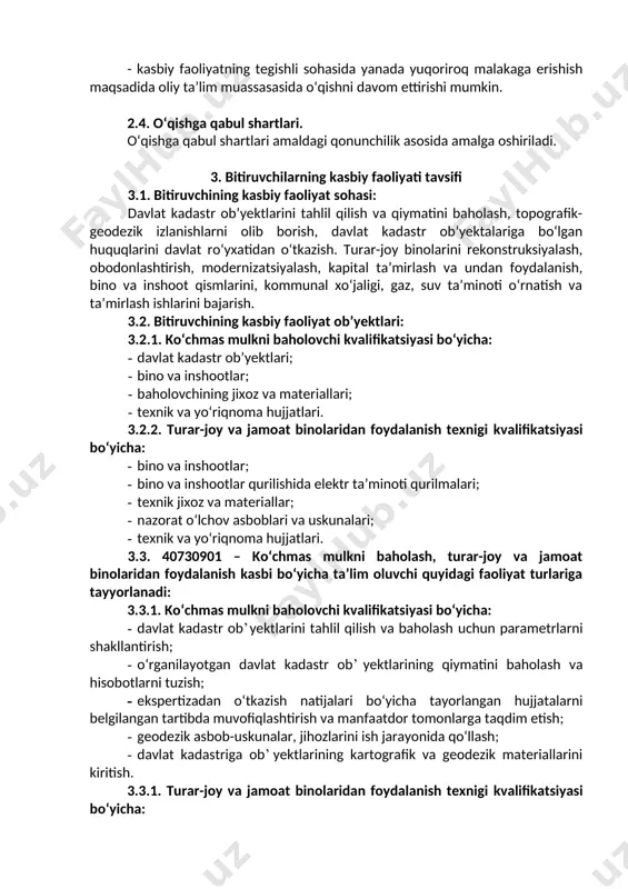 vazifani bajarishga yo‘naltirilgan guruhda ishlash, hamkasblar, rahbarlar va mijozlar; bilan samimiy, xushmuoma va samarali muloqot qilish; uk-5. ta’lim olgan tilida fikrini og‘zaki va yozma ravishda ravon bayon qilish; uk-6. umuminsoniy fazilatlarga ega bo‘lish, o‘z millatini va vatanini sevish, u bilan faxrlanish, milliy urf-odatlar, qadriyatlarni hurmat qilish; uk-7. professional vazifalarni samarali bajarish uchun zarur bo‘ladigan ma’lumotlarni qidirish; uk-8. kasbiy faoliyatida axborot - kommunikatsiya texnologiyalarini qo‘llash; uk-9. kasbga doir hujjatlar bilan ishlash; uk-10.kasbiy faoliyatda xavfsizlik texnikasi va mehnat muhofazasi qoidalariga amal qilish ko‘nikmalariga ega bo‘lish. uk-11: sanoat va nosanoat tashkilotlarda vujudga keladigan chiqindilarni atrof-muhitga zarar yetkazmaslik choralarini koʻrish va utilizatsiya qilish; uk-12: sohaga oid ekologik madaniyatga rioya qilgan holda faoliyat olib borish. 4.2. 40730901 – ko‘chmas mulkni baholash, turar-joy va jamoat binolaridan foydalanish ta’lim dasturini o‘zlashtirgan bitiruvchi quyidagi kasbiy kompetensiyalarga ega bo‘lishi kerak. 4.2.1. ko‘chmas mulkni baholovchi kvalifikatsiyasi bo‘yicha: kk-1.1. xavfsizlik tadbirlarini koʻrgan holda o‘lchash ishlarini olib borish; kk-1.2. o‘rganilayotgan davlat kadastr …