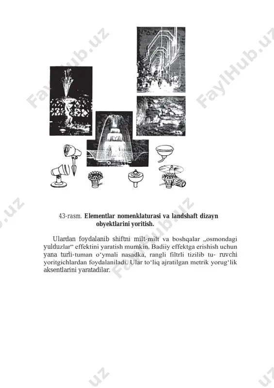 amalga oshiriladi. bun- day tizim mutlaqo xavfsizdir. optik-tolali kabel elektr energiyasini emas, faqat yoritish energiyasini bajaradi. bunday texnologiyalar turli-tuman arxitektura-badiiy vazifalarni yechishda foydalaniladi. yoritiladigan kabelni yo‘lkalarning chetidan o‘tkazish, daraxt- dan yorug‘ lianalarni tushirish, hovuzning konturini belgilash va hattoki suvga tushirish mumkin. kabellarning rangini zarur bo‘lganda yorg‘lik manbayidagi yorug‘lik filtrining keskin o‘zgarishi hisobiga ko‘p marta o‘zgartirish mumkin. bundan ham qiziqrog‘i yorug‘lik va rangli effektlarni yorug‘likka optik-tolali iðlarni uza- tishdan, ya’ni faqat uchginani „yondirishdan“ foydalanib erishish mumkin. 43-rasm. elementlar nomenklaturasi va landshaft dizayn obyektlarini yoritish. ulardan foydalanib shiftni milt-milt va boshqalar „osmondagi yulduzlar“ effektini yaratish mumkin. badiiy effektga erishish uchun yana turli-tuman o‘ymali nasadka, rangli filtrli tizilib tu- ruvchi yoritgichlardan foydalaniladi. ular to‘liq ajratilgan metrik yorug‘lik aksentlarini yaratadilar.