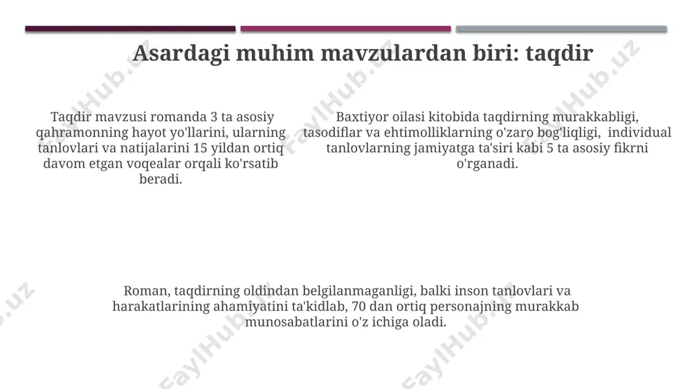ologik tahlilning chuqurligi koʻrsatiladi, bu 20-asr oxiri va 21-asr boshlarining ijtimoiy oʻzgarishlarini aks ettiradi. “baxtiyor oilasi”da 3 avlod vakillarining turmush tarzini taqqoslash orqali ijtimoiy-psixologik tahlilning chuqurligi koʻrsatiladi, bu 20-asr oxiri va 21-asr boshlarining ijtimoiy oʻzgarishlarini aks ettiradi. asardagi muhim mavzulardan biri: ijtimoiy adolatsizlik roman qahramonlari orqali 5 ga yaqin ijtimoiy muammo, jumladan, korruptsiya va qonun oldida tengsizlik holatlari ko'rsatiladi, bu esa adolatsizlikning ko'p qirrali ekanligini tasdiqlaydi. "baxtiyor oilasi"da ijtimoiy adolatsizlikning 30% dan ortiq qismi ta'limdagi tengsizlik orqali namoyon bo'ladi, bu esa kambag'al oilalar farzandlarining imkoniyatlarini cheklaydi. kitobda ijtimoiy adolatsizlikning iqtisodiy tengsizlik bilan bog'liqligi, xususan, 70% ga yaqin qahramonlarning mehnat haqi va yashash sharoitlari orqali aniq ko'rsatiladi. baxtiyor obrazining tahlili baxtiyor образига 5 тадан ортиқ мураккаб психологик хусусиятлар хос бўлиб, буларнинг ҳар бири унинг характерининг нозик томонларини очиб беради ва мураккаб шахсиятни намоён этади. baxtiyor образининг ривожланишида 3 та асосий босқични аниқлаш мумкин: болалик, ўсмирлик ва етилиш даври, бунда ҳар бир …