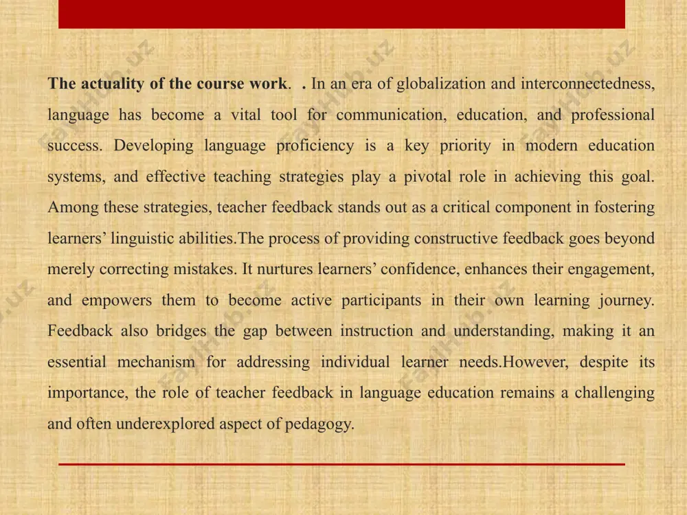 the role of teacher feedback emerges as a critical factor that directly influences students’ ability to acquire and refine language skills effectively.as educational methodologies evolve, the demand for personalized and adaptive teaching approaches has grown significantly. teacher feedback, as a core component of student-centered education, addresses the diverse needs of learners by providing targeted guidance and fostering self-awareness in the learning process. the methods of the course work. this course work employs a variety of methods to explore the role of teacher feedback in language development. theoretical analysis is utilized to examine existing literature, including linguistic, psychological, and pedagogical theories related to feedback and its impact on learning processes. this approach helps to establish a strong foundation for understanding the subject from multiple perspectives.a comparative approach is adopted to analyze different types of feedback, such as oral, written, formative, and summative. by comparing these methods, the study identifies their effectiveness …