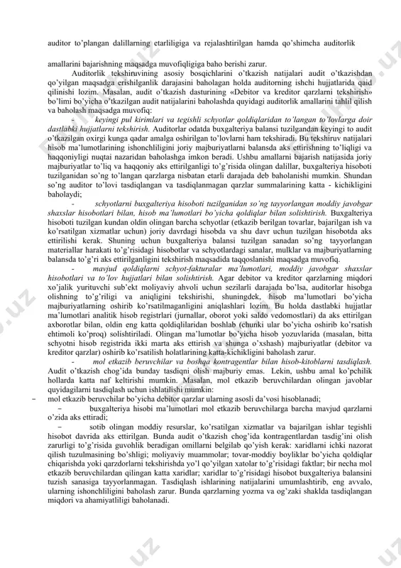 a nomuvofiqliklar mavjudligini ko’rsatuvchi holatlarni ob’ektiv baholashi zarur: · xo’jalik yurituvchi sub’ekt xodimlariga ma’lum bo’lgan, ammo auditor tomonidan ochilmagan xatolarni aniqlash faktlari; · tekshiruv uchun zarur bo’lgan, auditorga o’z vaqtida taqdim qilinmagan dastlabki hujjatlar yoki ma’lumotlarga doir xo’jalik muomalalari; · mutaxassislarning hisob-kitoblaridagi nomuvofiqliklar; · inventarizatsiya natijasida aniqlanib, dalolatnoma va taqqoslash vedomostlari bilan rasmiylashtirilgan, lekin etarli darajada tahlil qilinmagan va tuzatilmagan katta tafovutlar; · katta tafovutlarning tasdiqlanmaganligi va auditor so’rovlariga kutilgan javoblar olinmaganligi; · tekshiruv uchun tanlab olingan, zarur dastlabki hujjatlar yoki tegishli ruxsat etuvchi ko’rsatmalar taqdim qilinmagan xo’jalik muomalalari. auditor to’plangan dalillar etarliligini baholashda ushbu holatlar aniqlangan bosqichni (rejalashtirish, audit o’tkazish) hisobga olishi kerak. shuningdek, katta xatolar xatarini dastlabki baholash va batafsil tekshirish rejalari ham e’tiborga olinishi lozim. agar bunday holatlar rejalashtirish bosqichida aniqlangan va hisobga olingan bo’lsa, unda auditor to’plangan dalillarning etarliligiga va rejalashtirilgan hamda qo’shimcha auditorlik amallarini bajarishning maqsadga muvofiqligiga baho berishi zarur. auditorlik tekshiruvining asosiy bosqichlarini o’tkazish …