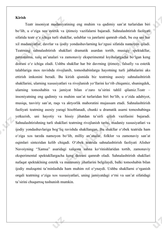 ntal spektakllargacha keng doirani qamrab oladi. sahnalashtirish shakllari nafaqat spektaklning estetik va mazmuniy jihatlarini belgilaydi, balki tomoshabin bilan ijodiy muloqotni ta’minlashda ham muhim rol o‘ynaydi. ushbu shakllarni o‘rganish orqali teatrning o‘ziga xos xususiyatlari, uning jamiyatdagi o‘rni va san’at sifatidagi ta’sirini chuqurroq tushunish mumkin. antik davr teatrlarining shakllanishi (yunon va rim teatr an'analari) teatr san’ati insoniyat tsivilizatsiyasining eng qadimiy va muhim san’at turlaridan biridir. uning boshlang‘ich ildizlari antik davr madaniyatlariga, xususan, yunon va rim sivilizatsiyalariga borib taqaladi. antik davrda teatr nafaqat o‘yin-kulgi vositasi, balki ijtimoiy, diniy va falsafiy muammolarni muhokama qilishning muhim platformasi sifatida xizmat qilgan. yunon teatri miloddan avvalgi vi-v asrlarda shakllana boshladi. bu davrda teatr diniy marosimlar, xususan, dionis xudosiga bag‘ishlangan festivallar bilan chambarchas bog‘liq edi. dionisiya deb nomlangan ushbu festivallar doirasida xalq yig‘inlari tashkil etilib, unda musiqiy va dramatik chiqishlar namoyish qilinardi. yunon teatrining eng muhim xususiyati uning tragediya va komediya janrlariga bo‘linishi edi. tragediya, odatda, inson taqdiri, …