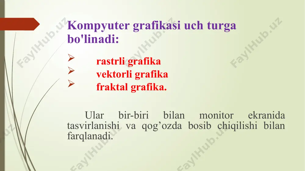 ida ob’ektlarni tahrirlash imkonini beradi va tasvirlar oson tahrirlanadi;  vektorli grafika agar tasvirda rastrli ob’ektlar qo’llanmagan bo’lsa xotirada kam joy egallaydi. kamchiliklari:  vektorli tasvirlar sun’iy ko’rinadi;  rastr grafikasiga nisbatan ranglar kam tusga ega. fraktal grafika fraktal grafikasi asosan matematik amallar asosida grafik kompozitsiya tuzishda qo’llaniladi. bugungi kunda videoroliklar, kliplar, videoo’yinlar yaratishda fraktal grafikasining o’rni beqiyosdir. fantastik janrdagi kinofilmlarda yoki kompyuter o’yinlarida atrof muhitning murakkab kompozitsiyalari (o’rmonlar, tog’lar, shahar qiyofasi va h.) yaratishda fraktal grafikasidan keng foydalaniladi. fraktal grafikasining qo’llanish printsipi proektiv geometriyaning qonuniyatlariga asoslangan bo’lib, oddiy geometrik elementni o’ziga xos akslantirishdan iborat. aytaylik qish sovug’ida deraza oynasidagi naqshlar yoki kristal panjaralarning hosil bo’lishi insonni ajablantiradi. bunday hodisa va jarayonlrni kompyuterda modellashtirish, ularning formula asosida qonuniyatlarini topish bir qarashda matematik echimga ega emasday ko’rinadi, lekin echimi oddiydan murakkablikka printsipi asosida yaratiladi. fraktal – lat. fractal bo’lingan (qismlarga ajratilgan) ma’nosini bildiradi. fraktalning yana bir izoh-tushunchalaridan biri bu – qismlardan …