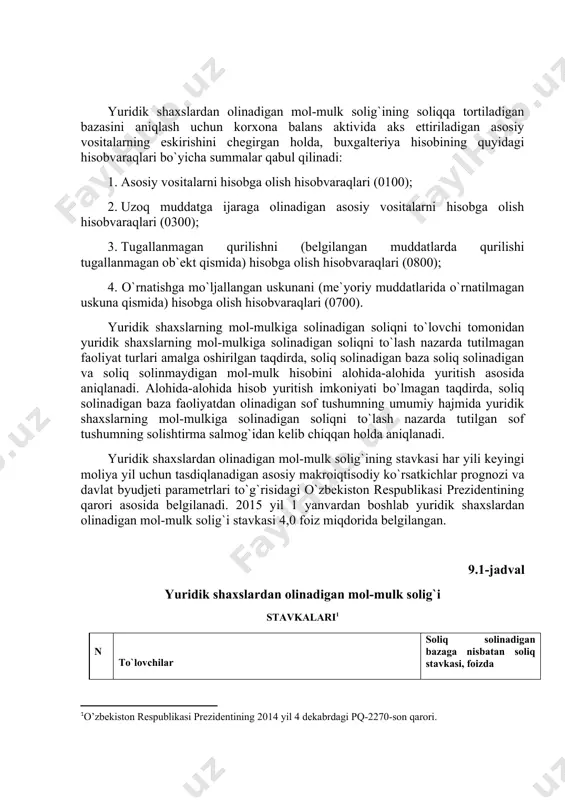 yaviy ijara (lizing)shartnomasi bo`yicha olingan asosiy vositalar) asosiy vositalarning qoldiq qiymati ushbu mol-mulkning boshlang`ich (tiklanish) qiymati bilan soliq to`lovchining hisob siyosatida belgilangan usullardan foydalanilgan holda hisoblab chiqilgan amortizatsiya hajmi o`rtasidagi farq sifatida aniqlanadi; b) normativ (belgilangan) muddatda tugallanmagan qurilish ob`ektlari va ishga tushirilmagan asbob-uskunalar bo`yicha - tugallanmagan qurilishning va o`rnatilmagan asbob-uskunalarning o`rtacha yillik qiymati. c) o`zbekiston respublikasi norezidentlari uchun ko`chmas mulk ob`ektlariga nisbatan ushbu mol-mulkning o`rtacha yillik qiymati soliq solinadigan baza hisoblanadi. soliq solish ob`ektlarining o`rtacha yillik qoldiq qiymati (o`rtacha yillik qiymat) soliq davridagi har bir oyning oxirgi kunidagi holatga ko`ra soliq solish ob`ektlarining qoldiq qiymatlarini (o`rtacha yillik qiymatlarini) qo`shishdan olingan summaning o`n ikkidan bir qismi sifatida ortib boruvchi yakun bilan aniqlanadi. mazkur jarayonni quyidagiformula orqali ifoda etsak bo`ladi: ( mol-mulkining o’rtacha yillik qoldiq qiymati ллик q олди q q иймати ) yuridik shaxslardan olinadigan mol-mulk solig`ining soliqqa tortiladigan bazasini aniqlash uchun korxona balans aktivida aks ettiriladigan asosiy vositalarning eskirishini …