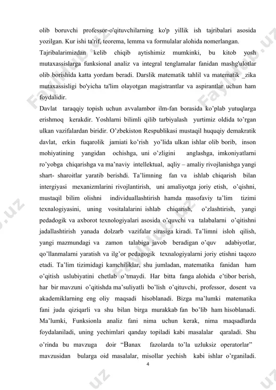 demakdir. kurs ishining tuzilishi. kurs ishi tuzilishiga ko’ra rejasi asosan 4 ga bo’linadi: i. kirish, ii. asosiy qism, iii. xulosa, iv. foydalanilgan adabiyotlar ro’yxati, hamda ilovadan iborat bo’ldi. matematika sohasidagi ta’lim sifatini oshirish va ilmiy - tadqiqotlarni rivojlantirish chora-tadbirlari to’g’risida qarori. mamlakatimizda matematika 2020- yildagi ilm – fanni rivojlantirishning ustuvor yo’nalishlaridan biri sifatida belgilandi. o’tgan davr ichida matematika ilm – fani va ta’limini yangi sifat bosqichiga olib chiqishga qaratilgan qator tizimli ishlar amalga oshirildi. birinchidan, ilg’or ilmiy markazlarda faoliyat yuritayotgan vatandosh matematik olimlarning taklif qilinishi va xalqaro ilmiy- tadqiqotlar olib borilishi uchun zarur shart- sharoit yaratildi. ikkinchidan, xalqaro fan olimpiyadalarida g’olib bo’lgan yoshlarimiz va ularning murabbiy ustozlari mehnatini rag’batlantirish tizimi joriy etildi. uchinchidan, oliy ta’lim va ilmiy- tadqiqotlarning o’zaro integratsiyalashuvini ta’minlash maqsadida talabalar shaharchasi fanlar akademiyasining b.i .romanovskiy nomidagi matematika institutining yangi va zamonaviy binosi barpo etildi. matematika sohasidagi fundamental tadqiqotlarni moliyalashtirish hajmi bir yarim barobarga oshirildi, budjet mablag’lari hisobidan …
