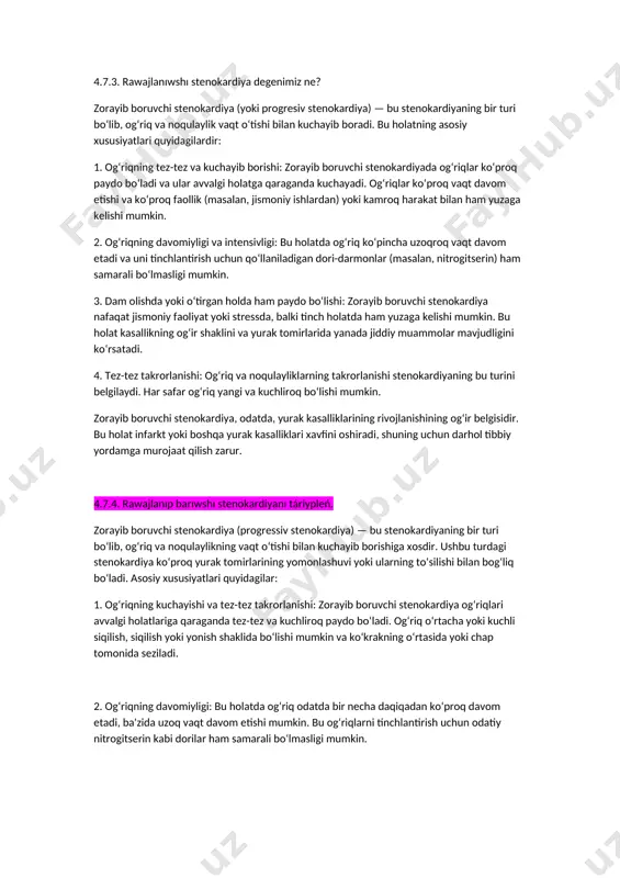 hmasligi tufayli yuzaga keladigan og‘riq yoki noqulaylikdir. bu holat odatda jismoniy faoliyat, stress yoki boshqa faktorlar ta'sirida yuzaga keladi. birinchi marta paydo bo‘lgan stenokardiya yurak xurujiga olib kelishi mumkin, shuning uchun uni tezda tibbiy yordam bilan ko‘rib chiqish muhimdir. 4.7.2 birinshi ret payda bolgan stenokardiyanı táriyplep beriń. birinchi marta paydo bo‘lgan stenokardiya (yurak og‘rig‘i) odatda yurak mushagining kislorodga bo‘lgan ehtiyojining qoniqmasligi tufayli yuzaga keladi. bu holat odatda birinchi marta yoki yangi paydo bo‘lgan og‘riq sifatida namoyon bo‘ladi. tavsiflangan belgilar quyidagilar bo‘lishi mumkin: 1. og‘riq yoki noqulaylik: og‘riq ko‘pincha ko‘krakning o‘rtasida yoki chap tomonda seziladi. og‘riq zichlik, siqilish yoki yonish shaklida bo‘lishi mumkin. 2. fizik faoliyat yoki stressdan keyin yuzaga kelishi: og‘riq odatda jismoniy faoliyat, tez yurish, zudlik bilan mashq qilish yoki hissiy stress va xavotir paytida paydo bo‘ladi. 3. kishining nafas olishda qiyinchilik: ba'zan stenokardiya nafas qisilishi yoki o‘pkada og‘riqni keltirib chiqarishi mumkin. 4. og‘riqning vaqtincha davom etishi: og‘riq odatda …