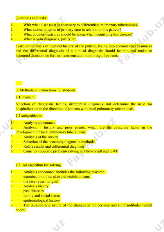 ment of focal pulmonary tuberculosis 3. analysis of the survey 4. selection of the necessary diagnostic methods 5. relate results and differential diagnosis 6. come to a specific problem-solving in a hovercraft and gwp 2.3 an algorithm for solving 1. analysis appearance includes the following research: · examination of the skin and visible mucous · the face (eyes, tongue). 2. analysis history · past illnesses · family and social status · epidemiological history · the duration and nature of the changes in the cervical and submandibular lymph nodes. 3. analysis of the survey · ps, bp · palpatsiya peripheral lymph nodes, density determination, cohesion, pain · palpation, percussion and auscultation of the lungs and heart · abdominal palpation 4.selection of the necessary diagnostic methods · the oak, oam, blood biochemistry · r mantoux 2 te · chest x-ray 5.relate results and differential diagnosis with · tubercular pathology, infectious pathology · …