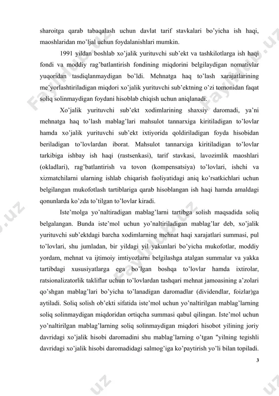 to’lovlar kiradi. iste’molga yo’naltiradigan mablag’larni tartibga solish maqsadida soliq belgalangan. bunda iste’mol uchun yo’naltiriladigan mablag’lar deb, xo’jalik yurituvchi sub’ektdagi barcha xodimlarning mehnat haqi xarajatlari summasi, pul to’lovlari, shu jumladan, bir yildagi yil yakunlari bo’yicha mukofotlar, moddiy yordam, mehnat va ijtimoiy imtiyozlarni belgilashga atalgan summalar va yakka tartibdagi xususiyatlarga ega bo’lgan boshqa to’lovlar hamda ixtirolar, ratsionalizatorlik takliflar uchun to’lovlardan tashqari mehnat jamoasining a’zolari qo’shgan mablag’lari bo’yicha to’lanadigan daromadlar (dividendlar, foizlar)ga aytiladi. soliq solish ob’ekti sifatida iste’mol uchun yo’naltirilgan mablag’larning soliq solinmaydigan miqdoridan ortiqcha summasi qabul qilingan. iste’mol uchun yo’naltirilgan mablag’larning soliq solinmaydigan miqdori hisobot yilining joriy davridagi xo’jalik hisobi daromadini shu mablag’larning o’tgan "yilning tegishli davridagi xo’jalik hisobi daromadidagi salmog’iga ko’paytirish yo’li bilan topiladi. shunday yo’l bilan topilgan miqdor 0,98 koeffitsienti bilan tuzatilib, xo’jalik hisobi daromadining o’sishini iste’mol uchun yo’naltirilgan mablag’larning o’sishiga qaraganda tezlashtirishni ta’minlaydi. iste’mol uchun yo’naltiriladigan mablag’larni tartibga solish uchun qabul qilinadigan xo’jalik yurituvchi sub’ekt xo’jalik hisobidagi daromadi sotilgan …