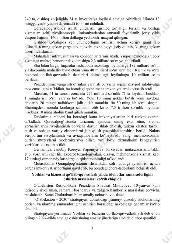 zasidan qo‘shimcha ko‘rsatmalar berdi. qoraqalpog‘iston respublikasini iqtisodiy rivojlantirish va ish o‘rinlarini ko‘paytirish choralari muhokama qilindi prezident shavkat mirziyoyev 10-yanvar kuni qoraqalpog‘iston respublikasini ijtimoiy-iqtisodiy rivojlantirish borasidagi ishlar tahlili va kelgusi vazifalar muhokamasi bo‘yicha yig‘ilish o‘tkazdi. davlatimiz tomonidan qoraqalpog‘iston iqtisodiyotini ko‘tarishga, odamlarning turmush sifatini yaxshilashga alohida e’tibor qaratib kelinmoqda. so‘nggi yetti yilda hududda misli ko‘rilmagan o‘zgarishlar ro‘y berdi. avvallari 15 ta tumandan 12 tasi dotatsiyada bo‘lgan qoraqalpog‘iston bugungi kunga kelib, o‘z daromadiga ega bo‘lgan hududga aylandi. xususan, 15 trillion so‘m investitsiya hisobiga 5 ming 300 dan ziyod loyiha amalga oshirildi. orol dengizining qurigan hududi o‘rnida 1 million 800 ming gektar yashil o‘rmonzor barpo etildi. 51 ming oilaning uy-joy sharoiti yaxshilandi, 401 ta mahallada qurilish-ta’mirlash ishlari bajarildi. aholining turmush darajasi oshdi. qoraqalpog‘istonda biznes yuritish uchun boshqa hech bir hududga berilmagan imtiyozu imkoniyatlar taqdim etilgan. xususan, jozibador biznes muhiti va hudud aholisiga qo‘shimcha qulaylik yaratish maqsadida foyda, aylanmadan soliq, yer va mol-mulk soliqlari 2 …