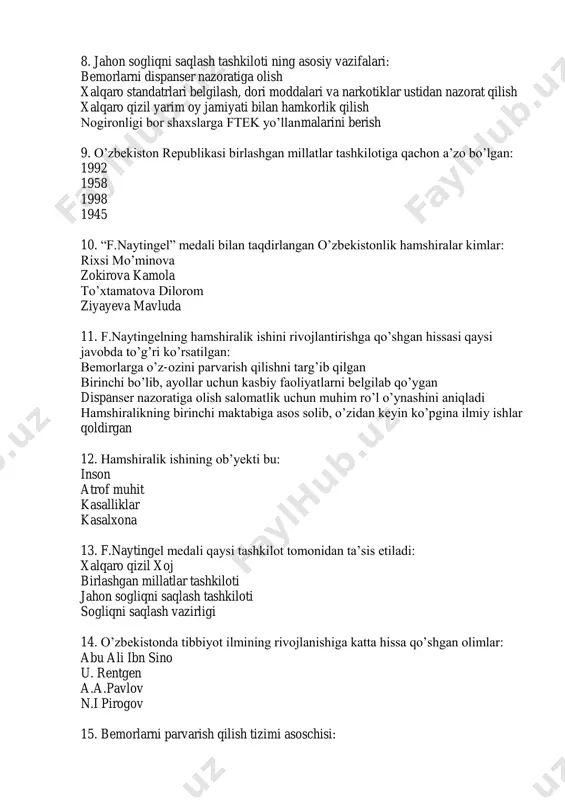 salxona 13. f.naytingel medali qaysi tashkilot tomonidan ta’sis etiladi: xalqaro qizil xoj birlashgan millatlar tashkiloti jahon sogliqni saqlash tashkiloti sogliqni saqlash vazirligi 14. o’zbekistonda tibbiyot ilmining rivojlanishiga katta hissa qo’shgan olimlar: abu ali ibn sino u. rentgen a.a.pavlov n.i pirogov 15. bemorlarni parvarish qilish tizimi asoschisi: florens naytingeyl yuliya vrevskaya еkaterina bakunina darya sevastopolskaya 16. salomatlik haqidagi ta’limot nima deb ataladi: valeologiya sanalogiya gerontologiya diyetologiya 17. hamshira bu …: hamshiralik ishi falsafasini himoya qiluvchi va hamshira sifatida faoliyat ko’rsatishga huquqliy, kasbiy ilmga ega bo’lgan mutaxasis oliy toifali mutaxasis maxsus diplomli kichik tibbiyot xodimi bemorlarni ham ruhiy ham jismoniy quvvatlovchi shaxs 18. salomatlik bu …: salomatlik -bu organizmning jismoniy rejadagi eng yaxshi holatidir salomatlik -bu organizmning ruhiy rejadagi eng yaxshi holatidir salomatlik -bu organizmning ijtimoiy rejadagi eng yaxshi holatidir barcha javob to’g’ri 19. kasallik bu …: organizmda muayyan simptomlar bilan birga kechadigan patologik o’zgarishlarni tavsiflovchi holat organizning har qachongidan ham og’ir …