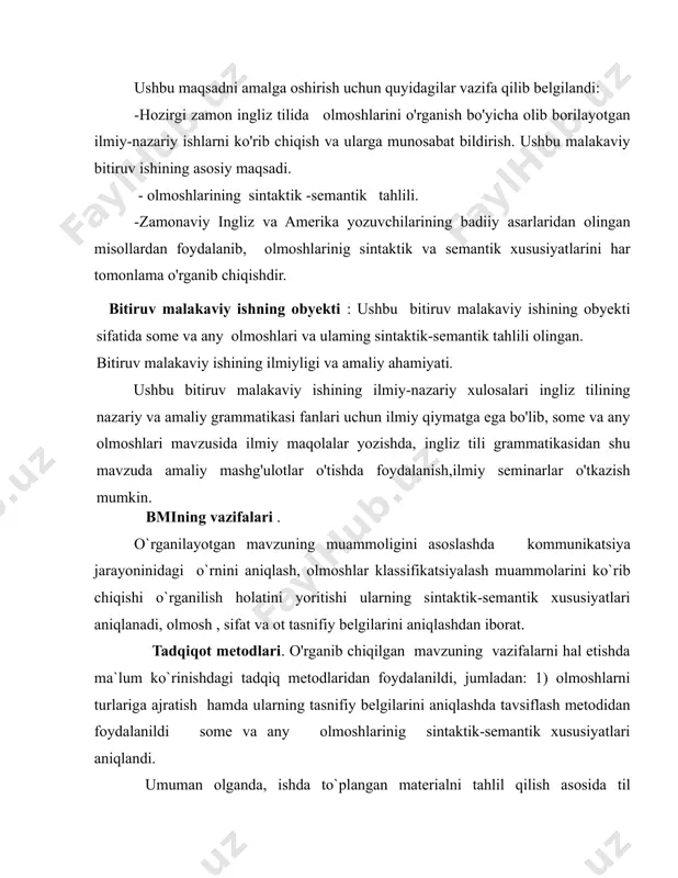 rroq o`rganishda foydalanish mumkin. shuningdek, ish natijalari magistrlik dissertatsiyalari, bitiruv malakaviy va kurs ishlarini tayyorlash jarayonida ham foyda keltirishi mumkin. [1: 2012 yil 10-dekabrda imzolagan pq-1875-son "chet tillarini o`rganish tizimini yanada takomillashtirish chora-tadbirlari to`g’risida bet 12] . bitiruv malakaviy ishdagi tahlil natijalari asosida nazariy, amaliy, va qiyosiy grammatika fanlarini o`qitishda qolaversa, chet tillarini o`qitish va o`rganish jarayonlarida ham foydalanish mumkin bitiruv malakaviy ishning hajmi: bitiruv malakaviy ish kirish, ikki bob, xulosa va foydalanilgan ilmiy va badiiy adabiyotlar ro'yhatidan iborat. bitiruv malakaviy kirish qismida ishning maqsadi va vazifalari, dolzarbligi, ilmiyligi va amaliy ahamiyati bayon qilingan. i-bob. olmoshlarning umimiy xususiyatlari 1.1. olmoshlarning morfologik xususiyatlari tilda mavhum ma`no va mustaqil funksiyaga ega bo`lgan, predmetlarni va ularning belgisini hamda predmetlar o`rtasidagi sintaktik aloqalarni qisman ko`rsatib kelgan so`z turkumiga olmosh deyiladi. olmoshlar garchi har xil so`z turkumlari o`rnida ishlatilsa ham ular predmet va ularning ma`nosini to'g'ridan-to`g'ri ifodalamaydi. olmoshlar shaxsni ko`rsatishiga ko`ra shaxsni bildiradigan va shaxsni …