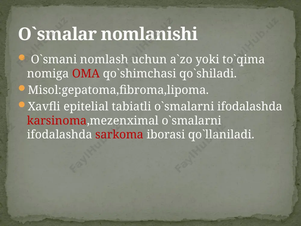 txarfi turli azolar uchun turlichadir:kovak azolarda т1 –shilliq va shilliq ostiga jarayon tarqalganligini bildiradi т2- 3 ta mushak qavatiga invazivlanganini bildiradi т4 – a`zo devoriga o`sib kirganligini bildiradi. no –regional limfa tugunlarda metaztazlar yoq n2 yoki n3 –ikki yoki uch limfogen metaztazlar borligini bildiradi мо – gemotogen metaztazlar yoq м1(jigar) yoki м2(o`pka) –jigarda bitta,o`pkada ikkita metztaz borligini bildiradi. image3.jpeg image4.png image5.png image6.png image7.jpeg image8.jpeg /docprops/thumbnail.jpeg