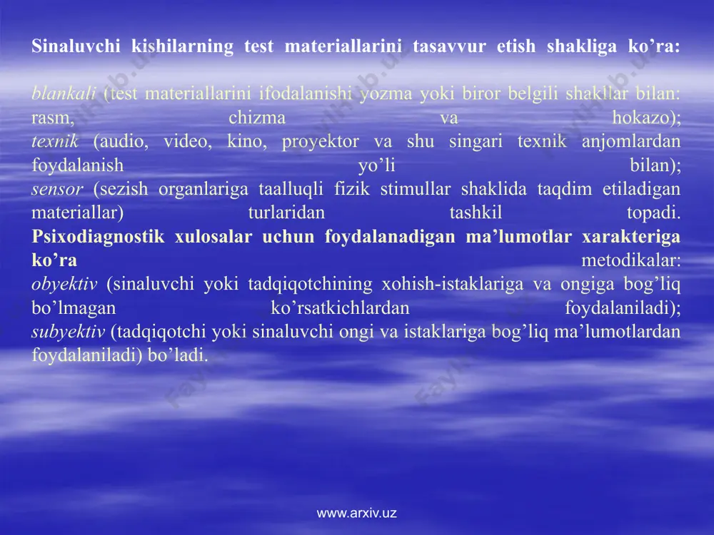monaviy metodlari yaratilib, ulardan inson omili predmeti sanalgan fanlarning amaliyot jarayonida samarali foydalanib kelinmoqda. psixodiagnostik usullarning tadbiqiy o’rganilishi, yangi ilmiy tushunchalar va ularga xos xususiyatlarning yaratilishi, izohlanishi, tan olinishi hamda tajribada qo’llanilishi bilan bir vaqtda amalga oshirilmoqda. psixologiyada faoliyatning yuksalib borilishi xx asr boshlarida tadqiqot metodlari va yo’riqnomalariga aloqador shakllangan zamonaviy fanlarga taqdim etiladigan, rasmiy tan olingan va qabul qilingan talablarning mavjudligi bilan tavsiflanadi. bunday talablar asosida jarayonlashtirish va verifikasiya tashkil etadi. jarayonlashtirish deganda kiritilayotgan yangi ilmiy tushunchalarning fanda ifoda etilishi hamda mavjudligini namoyon bo’lishiga maslahat va metodlarni ko’rsatilishi jarayonlashtirish deyiladi. shuningdek, u har bir tadqiqotchining mazkur tushunchani o’ziga xos xususiyatlarga ega ekanligiga ishon hosil qilish uchun, ayrim amaliy harakatlar va jarayonlarni bajarilishini tizimiylashtirishini ham ifoda etadi. har qanday yangi tushunchaning ilmiylik mavqyeiga ega bo’lishi uchun tekshirilishdan o’tishi vetifikasiya, deb ataladi. shu bois, “verifikasiya” lo’g’aviy so’zining ma’nosi ham aynan “tekshirish“ mazmunga egadir. tushunchalarning mazmundorligi aniqlash uchun o’tkaziladigan bunday tekshirish, ularga …