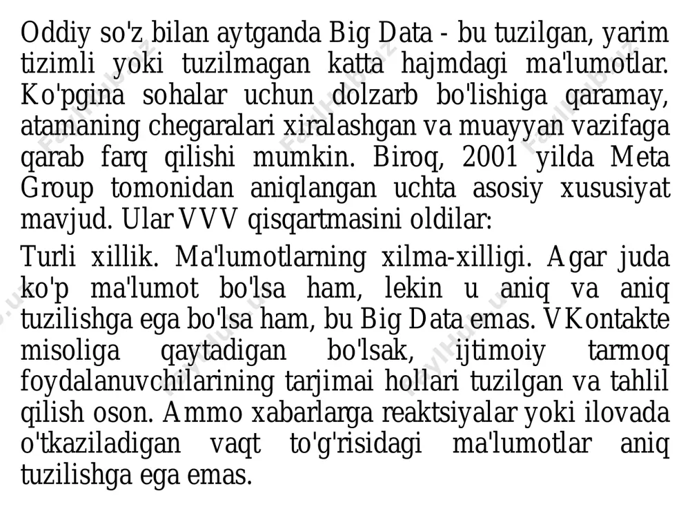 ratsiyalari va bankomatlar bilan o'zaro aloqada paydo bo'ladi: pul o'tkazmalari, xaridlar, etkazib berish. mashina ma'lumotlarining manbai smartfonlar, iot gadjetlari, avtomobillar va boshqa jihozlar, sensorlar, kuzatuv tizimlari va sun'iy yo'ldoshlardir. manbadan ma'lumotlar qanday olinadi dastlabki bosqich ma'lumotlarni tozalash - xatolarni, ahamiyatsiz ma'lumotlar va ma'lumotlar nomuvofiqliklarini aniqlash, tozalash va tuzatish. jarayon proksi-serverlar, noaniqliklar, etishmayotgan qiymatlar va farqlarni baholaydi. odatda, ma'lumotlar qazib olish jarayonida o'zgartiriladi. big data mutaxassislari qo'shimcha metadata, vaqt belgilari yoki geolokatsiya ma'lumotlarini qo'shadilar. strukturaviy ma'lumotlarni olishning ikkita usuli mavjud: • o'zgarishlarni kuzatishga hojat qoldirmasdan to'liq ekstraktsiya. jarayon oddiyroq, lekin tizimdagi yuk ko'proq. • incremental ekstraktsiya. manba ma'lumotlaridagi o'zgarishlar oxirgi muvaffaqiyatli qidiruvdan keyin kuzatiladi. buning uchun o'zgartirish jadvallarini yarating yoki vaqt belgilarini tekshiring. ko'pgina omborlarda ma'lumotlar holatini saqlashga imkon beruvchi o'rnatilgan o'zgarishlar ma'lumotlarini yozib olish (cdc) funksiyasi mavjud. incremental qayta olish mantig'i murakkabroq, ammo tizimdagi yuk kamayadi. • tarkibi bo'lmagan ma'lumotlar bilan ishlashda ko'p vaqt ajratib olishga tayyorgarlik ko'rishga sarflanadi. ma'lumotlar …