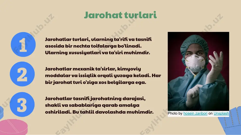 h sharoitlari. aniqlash usullari aniqlashda foydalaniladigan metodlar va asboblar jarohatni aniqlashda samaradorlikni oshiradi. natijalar va tavsiyalar jarohat hayotiyligini aniqlashda vaqt va omillarni hisobga olish zarur. yangi yondashuvlar ishlab chiqish muhimdir. 01. 03. 02. 04. foydalanilgan adabiyotlar 1. o'rinov, m. jarohat turlari va ularning hayotiylik davri. tibbiyot nashrlari, 2021 2. toshbekov, a. jarohatni aniqlash usullari: metodologik yondashuvlar. o'zbekiston tibbiyot akademiyasi, 2020 3. murodov, s. jarohat va hayotiylik: vaqt omillari. tibbiyot va sog'liqni saqlash, 2023 4. saidov, r. jarohat hayotiyligi va tiklanish jarayoni. o'zbekiston tibbiyot jurnali, 2022 5. xudoyberdiyev, d. jarohatlarni aniqlashda vaqt muhimligi. tibbiyot va fiziologiya, 2023 e'tiboringiz uchun rahmat! image1.png image2.png image3.png image4.png image5.png image23.png image13.png image25.jpg image10.png image11.png image12.png image21.png image16.png image17.png image24.png