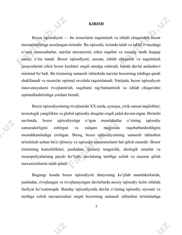 ahlil qilinadi. bozor iqtisodiyotining rivojlanishida davlatning roli va iqtisodiy islohotlar, xususiy mulk huquqi, erkin raqobat, innovatsiyalar va texnologik rivojlanish kabi omillar o‘rganiladi. bundan tashqari, bozor iqtisodiyotining ijtimoiy va ekologik ta'siri ham tahlil qilinadi. kurs ishining maqsadi bozor iqtisodiyotining asosiy tamoyillarini, uning rivojlanish bosqichlarini va mavjud muammolarni o‘rganish, shuningdek, bozor tizimining barqaror ishlashini ta'minlash uchun zarur bo‘lgan shartlarni aniqlashdan iboratdir. shu bilan birga, bozor iqtisodiyoti faqat iqtisodiy o‘sishni emas, balki ijtimoiy barqarorlikni ham ta'minlaydi. tizimning muvaffaqiyatli ishlashida davlatning roli, ijtimoiy omillar, ekologik barqarorlik va texnologik yutuqlar kabi faktorlar muhim ahamiyatga ega. yaxshi tashkil etilgan bozor iqtisodiyoti, ayniqsa rivojlanayotgan mamlakatlarda, nafaqat iqtisodiy o‘sishni tezlashtiradi, balki jamiyatning farovonligini oshirishga ham yordam beradi. bunday iqtisodiyot, shuningdek, xalqaro miqyosda ham o‘zaro iqtisodiy aloqalarni kuchaytiradi, bu esa dunyo iqtisodiyotining o‘zgarishlariga moslashishga yordam beradi. 1.bozor iqtisodiyotining tushunchasi va asosiy tamoyillari bozor iqtisodiyoti — bu iqtisodiy tizim bo‘lib, unda ishlab chiqarish va taqsimot qarorlari bozorning talab va taklif …