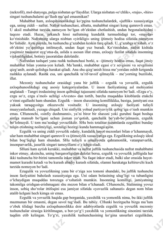 xloqda haqiqat bormi, axloqiy erkinlik nima, inson o‘z xatti-harakati uchun javobgarmi, mas’ulmi kabi savollarga javob axtaradi. etika fan sifatida axloqni, odob-xulqni, axloqiy munosabatlarni aks ettiribgina qolmay, balki odam intilishi lozim bo‘lgan maqsadni, ya’ni yuksak axloqiy g‘oyani, bu g‘oyani, ya’ni bizning pirovard strategik maqsadimiz bo‘lgan – ozod va obod vatan, erkin va farovon hayot g‘oyasini amalga oshirmoq uchun qanday yashab, qanday harakat qilmoqlikni ma’nosi ochib beriladi, odamlarning yurish-turishi qanday degan savolgagina emas, balki qanday bo‘lishi kerak degan savolga ham javob beradi. shuning uchun ham axloqiy illatlar tanqid qilinadi, odamlarning xatti-harakatiga yuksak axloqiy g‘oya va maqsad nuqtai nazaridan qat’iy baho beriladi. xulq, odob deganda iqtisodiy tuzum taqozosi bilan, turmush sharoitining alohida tarzidan, traditsiyalaridan, an’analaridan, urf-odatlaridan paydo bo‘lgan, biroq muntazam qarashlar, qoidalar, yo‘l-yo‘riqlar sistemasiga kirmagan munosabatlar xususiyati tushuniladi. demak, xulq odamlarning amaliy xatti-harakatlari, odamlar o‘rtasidagi amaliy munosabatlar, axloq ijtimoiy ong bilan bog‘liq bo‘lib, mazkur xatti-harakat prinsiplari va normalarining axloq talablari shaklida ifodalab berilganidir, …