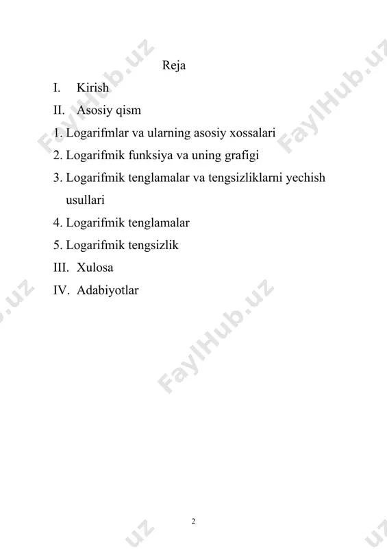 rifm qatnashgan tenglama va tengsizliklarni yechish usullarini o`rganish. logarifmlar va ularning asosiy xossalari quyidagi misollarni ko`ramiz: 1. 2x=4 ni yechish uchun 2x=22 deb yozamiz va x=2 yechimni topamiz. 2. 2x=5 bo`lsin. o`ng tomondagi 5 ni asosi 2 bo`lgan daraja ko`rini-shida tasvirlash mushkul. lekin bu tenglamaning haqiqiy ildizi mavjud-ligi bizga ma`lum. bunday tenglamalarni yechish uchun logarifm tu-shunchasi kiritiladi. umuman olganda, ax=b (a>0, a≠1, b>0) tenglamaning ildizi a asosga ko`ra b sonning logarifmi deyiladi. ta`rif: b sonning a asosga ko`ra logarifmi deb b sonni hosil qilish uchun a sonni ko`tarish kerak bo`ladigan daraja ko`rsatkichiga aytiladi va logab kabi belgilanadi. ax=b tenglamani (x=logab bo`lgani uchun) (1) ko`rinishida yozish mumkin. (1) formula asosiy logarifmik ayniyat deyi-ladi, bu yerda a>0 a≠1 va b>0 misollar: 1) log216 2) log50,04 ning qiymatini toping. yechish: 1) 16=24 bo`lgani uchun, 16 ni hosil qilish uchun ikkini to`rtinchi darajaga ko`tarish kerak, demak log216=4. 2) ekanligi ma`lum. shuning uchun log50, 04=-2 …