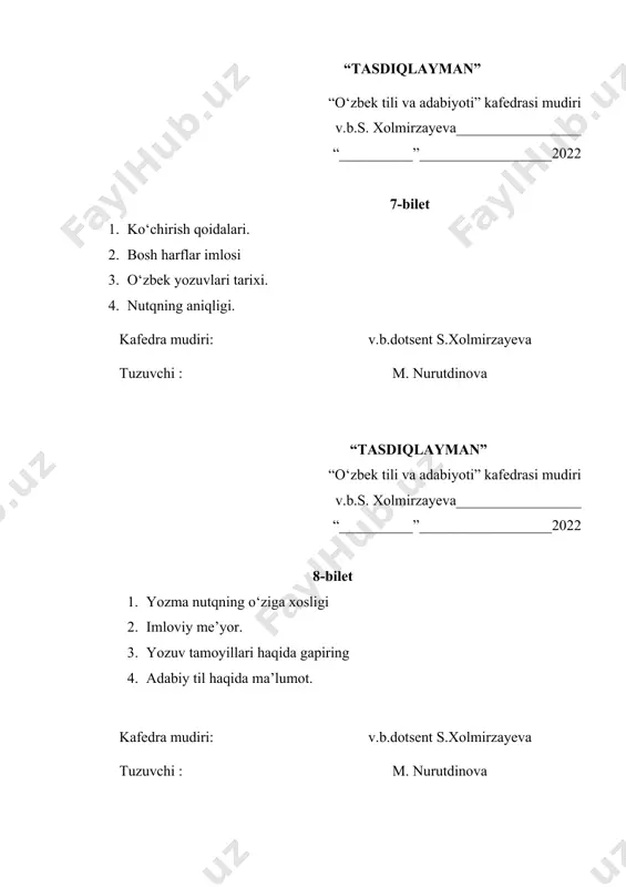 _____”__________________2022 17-bilet 1. imlo qoidalari. 2. matn tuzilishi. 3. .juft so`zlarga misollar keltiring. 4. sohaviy atamalarga namunalar keltiring kafedra mudiri: v.b.dotsent s.xolmirzayeva tuzuvchi : m. nurutdinova “tasdiqlayman” “o‘zbek tili va adabiyoti” kafedrasi mudiri v.b.s. xolmirzayeva__________________ “__________”__________________2022 18-bilet 1. uslublar haqida umumiy ma`lumot 2. sohaviy atamalarga namunalar keltiring 3. bosh harflar imlosi. 4. asos va qo‘shimchalar imlosi. kafedra mudiri: v.b.dotsent s.xolmirzayeva tuzuvchi : m. nurutdinova “tasdiqlayman” “o‘zbek tili va adabiyoti” kafedrasi mudiri v.b.s. xolmirzayeva_________________ “__________”__________________2022 19-bilet 1. lotin alifbosi haqida umumiy ma`lumot 2. iqtisodiyotga oid xususiy atamalar ishtirokida 4ta gap tuzing. 3. marketing terminini izohlang. 4. o‘zbek tiliga davlat tili maqomi qachon berilgan? kafedra mudiri: v.b.dotsent s.xolmirzayeva tuzuvchi : m. nurutdinova “tasdiqlayman” “o‘zbek tili va adabiyoti” kafedrasi mudiri v.b s xolmirzayeva____________________ “__________”__________________2022 20-bilet 1. til to‘g‘risida qanday maqollarni bilasiz? yozib, ma‘nosini izohlab bering. 2. adabiy til me’yorlarini tushuntiring. 3. lotin alifbosi haqida ma`lumot bering 4. takror so‘zlarga misollar keltiring. kafedra mudiri: …