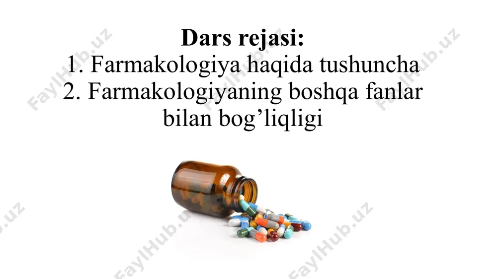zmi uchun zarur bo’lgan yangi dorilarni tezroq, aktiv, xavfsiz ta’sir etadiganlarini to’xtovsiz izlash va kashf etish bilan shug’ullanadi. umumiy farmakologiya – dorilarning orgaizm bilan o’zaro ta’sirini umumiy qonuniyatlarini o’rganadi (farmakokinetika va farmakodinamika). xususiy farmakologiya – dori, alohida, konkret guruhlarni va bo’limlarini farmakokinetika va farmakodinamikasini o’rganadi. umumiy farmakologiya farmakokinetika – “kineo” harakat, organizmning doriga ta’sirini o’rganadi. absorbisya (so’rilish) taqsimlanish depolanish metabolizm eleminatsiya (dori moddalarining organizmdan chiqishi umumiy farmakologiya farmakodinamika – “dinamics” kuch effek, dorining organizmga ta’sirini o’rganadi. foydali ta’sir zararli ta’sir dorilarni yuborish yo’llari enteral- hazm trakti orqali. per os (og’iz orqali) sublingual (til ostiga) transbuccal (lunj orqali) duodenal (zond orqali) rektal, vaginal (to’g’ri ichak orqali) dorilarni yuborish yo’llari parenteral – hazm traktidan tashqari. subcutaneus intramuscular intravenosus intraarterial intrasternal ingalyatsion subaraxnoidal (miya kasalliklarida, xususan meningitda gematoensefalik barierdan o’tolmaydigan dorilar yuboriladi. e’tiboringiz uchun raxmat image1.png image2.png image3.jpeg image4.png image5.jpeg image6.png image7.png image8.svg /docprops/thumbnail.jpeg