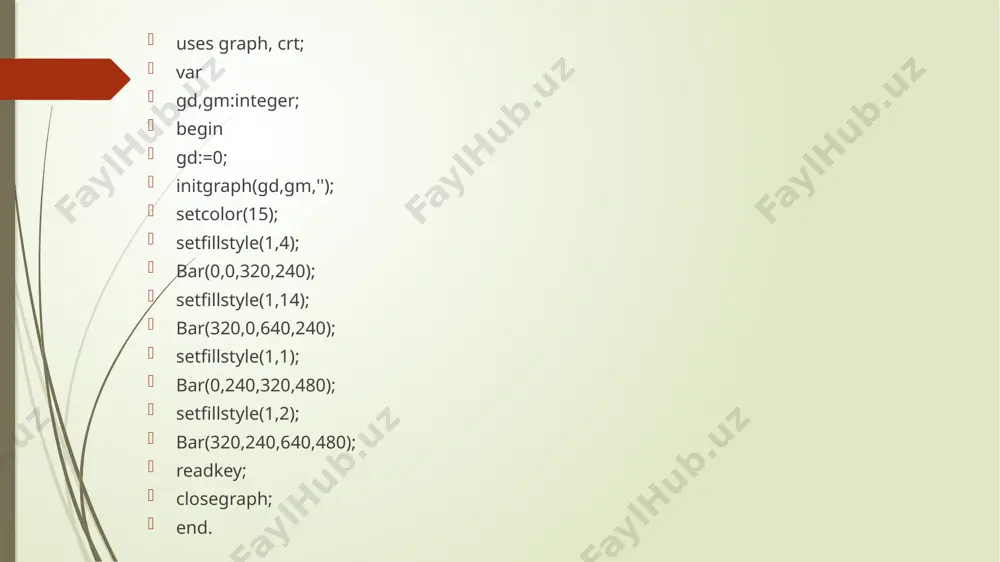 ); writeln(f,’uraa dastur ishladi’); close(f); end. input.txt var f:text; begin assign(f,’input.txt’); rewrite(f); writeln(’uraa dastur ishladi’); close(f); end. input.txt 1-topshiriq bu yerda dastur ko`didagi kamchilikni aniqlang var f:text; a:string; begin assign(f,’input.txt’); reset(f); readln(f,a); writeln(a); close(f); end. input.txt dastur ishladi turbopaskal complyator oynasi var file:text; b:string; begin assign(____,’input.txt’); reset(__________); readln(_________); writeln(a); close(_____); end. input.txt dastur ishladi turbopaskal complyator oynasi 2-topshiriq var f,g:text; a:string; begin assign(f,’input.txt’); reset(f); readln(f,a); assign(g,’output.txt’); reset(g); writeln(g,a); close(f,g); end. input.txt output.txt 3- topshiriq input.txt faylidagi ma’lumotlarni output.txt faylida 10 marta aks ettiruvchi dastur tuzing. uyga vazifa darslikdagi 1,2,3 mashqlar e’tiboringiz uchun raxmat! image1.png image2.png image3.png /docprops/thumbnail.jpeg