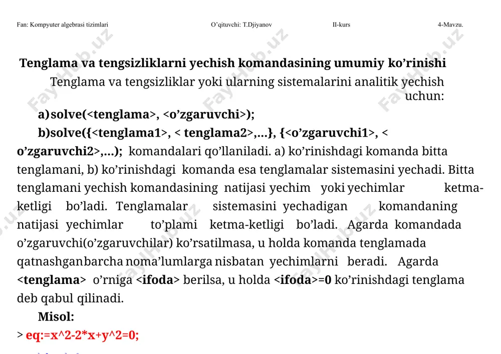 garuvchilarning bo’ladi. misol: y1:=unapply(y1,x,t); y1 := ( x, t )  y1 y1(1,1); y1 z1 := ( x, t )  5 x  165  2 t 7 7 156 7 fan: kompyuter algebrasi tizimlari o’qituvchi: t.djiyanov 4-mavzu. ii-kurs tengsizlik yoki tengsizliklar sistemasini yechish uchun ham komandalarning qo’llanilishi tenglamalar uchun bo’lganidek amalga oshiriladi. tengsizlik (tengsizliklar)ning yechimini chiqarish ikki xil bo’lishi mumkin. agar tengsizlikning (tengsizliklar)ning o’zgaruvchisi {} qavsga olingan bo’lsa, yechim to’plam ko’rinishda beriladi. misol: > solve((x+2)/(3-x)>2,{x}); o’zgaruvchi(o’zgaruvchilar) {} qavsga olinmagan bo’lsa, yechim realrange() va open() funksiyalari yordamida chiqariladi. misol: > solve((x+2)/(3-x)>2,x); 3 { 4  x, x  3 }       3  realrange  open 4 , open( 3 )  > solve(x^2-5*x+6>=0,x); realrange(, 2), realrange(3, ) fan: kompyuter algebrasi tizimlari o’qituvchi: t.djiyanov ii-kurs 4-mavzu. bu yerda open(a) funksiyasi a chegaraviy nuqta oraliqqa tegishli emas degan ma’noni, realrange() esa yopiq haqiqiy sonlar oralig’i …