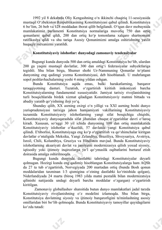 g syezdida yangi konstitutsiya qabul qilindi. bu konstitutsiya ham oldingilaridan kam farq qilib,bolsheviklarning o‘rta osiyodagi hokimiyatini yanada mustahkamlashga xizmat qildi. konstitutsiyaga binoan boylar, dallollar, ruhoniylar va shu kabilar saylash va saylanish huquqidan mahrum etilib, “butun hokimiyat sovetlarniki” deb e'lon qilindi. o‘rta osiyodagi yana bir davlat buxoro amirligidaham 1920 yil sentyabr oyida sovet hokimiyati o‘rnatilib, buxoro xalq sovet respublikasi tashkil etildi. 1921 yil 23 sentyabrda ii butun buxoro sovetlarining syezdi o‘tsazilib, unda rsfsr konstitutsiyasiga mos ravishda bxsr konstitutsiyasi qabul qilindi. 1924 yil 31 yanvarda qabul qilingan sssr konstitutsiyasi asosida uning tarkibidagi respublikalar o‘z konstitutsiyalarini qabul qildilar. 1927 yil 30 martda o‘zbekiston ssr konstitutsiyasi qabul qilinib, uning tarkibiga tojikiston avtonom respublikasi kiritildi. respublika tarkibiga avtonom respublikaning kiritilishi markaz uchun ularni doim nazoratini yanada mahkam qilib turish uchun qulaylik tug’dirar edi. 1936 yil 5 dekabrda qabul qilingan sssr konstitutsiyasiga muvofiq ishlab chiqilgan 1937 yilgi o‘zbekiston ssr konstitutsiyasida davlat boshqaruvini amalga oshirish shakllari joylarda …