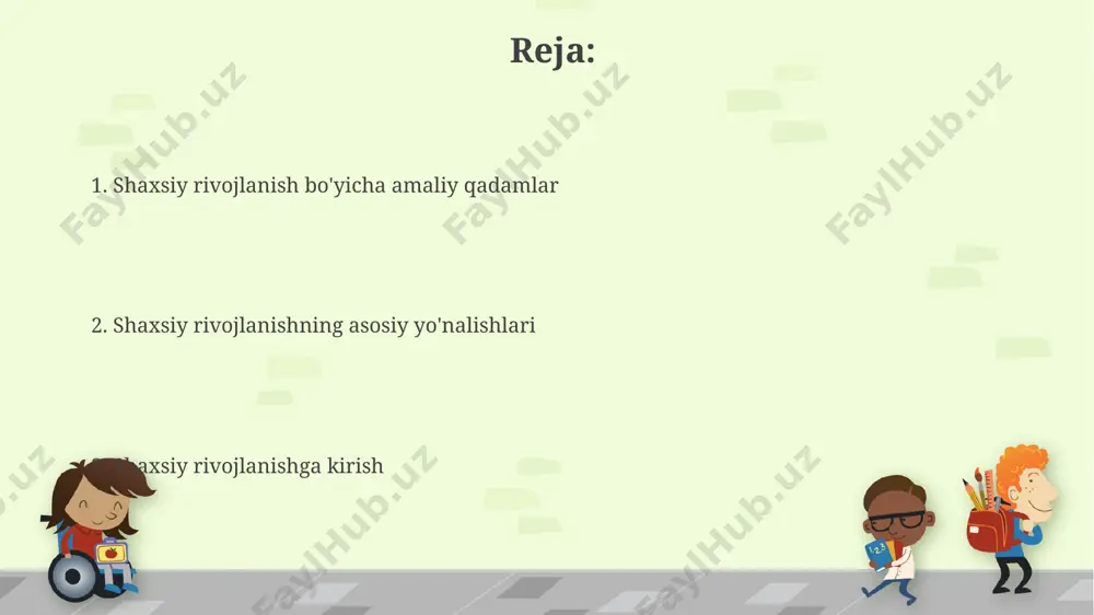 shuni ko'rsatadiki, 5-10 daqiqalik meditatsiya yoki chuqur nafas olish mashqlari stress gormoni kortizol darajasini pasaytiradi. shuningdek, mindfulness texnikalari xotirjamlikni oshirib, stressni samarali boshqarishga yordam beradi. stressni boshqarish maqsadlarni belgilash va rejalashtirish "90 kunlik reja" usuli sizga katta maqsadlarni kichikroq, bajariladigan qadamlarga bo'lishga yordam beradi. har 3 oyda yutuqlaringizni baholang va kelgusi 90 kun uchun yangi vazifalarni belgilang. maqsadlarni belgilash va rejalashtirish uzluksiz o'rganish va o'sish uzluksiz o'rganish va o'sish uzluksiz takomillashuvda "kaizen" tamoyili muhim rol o'ynaydi. u kichik, bosqichma-bosqich o'zgarishlarni nazarda tutadi, bu esa vaqt o'tishi bilan sezilarli o'sishga olib keladi. har kuni 1% yaxshilanishga intilish kerak. e'tiboringiz uchun rahmat @taqdimot_robot image6.jpg image7.jpg image8.jpg image9.jpg image10.jpg image11.jpg image12.jpg image13.jpg image14.jpg image1.png
