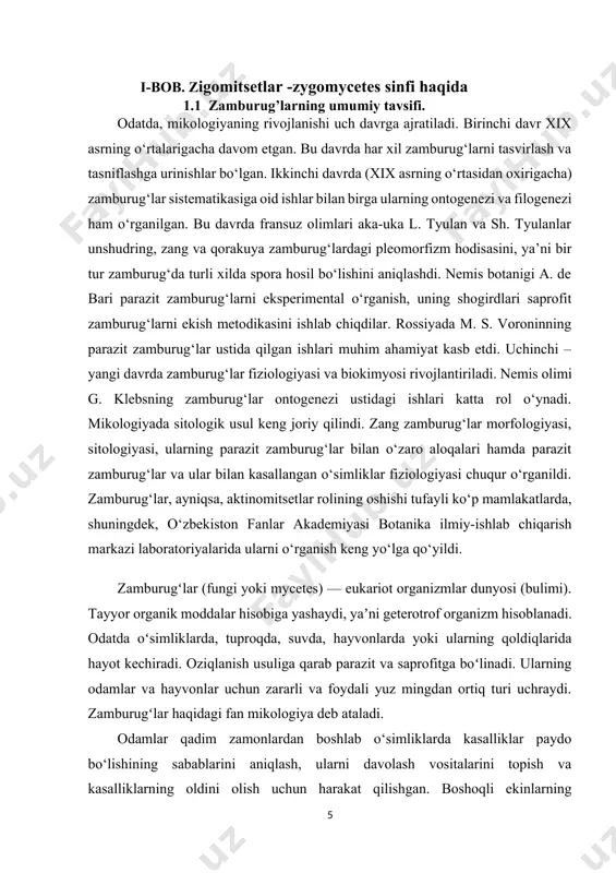 irida bo‘lishdi. f. ungerning fikriga ko‘ra kasallikning sababi o‘simlik shiralarining nosog‘lom holati bo‘lib, zamburug‘lar – kasallik natijasidir. o‘simlik kasalliklari paydo bo‘lishi sabablarini tadqiq qilishda va bunda zamburug‘larning rolini kashf etishda muayyan burilish faqat xix asrda 1830-yillar oxiri - 1840-yillar boshlarida yuz berdi. olimlarni hujayra tuzilishi va o‘simliklarning individual rivojlanishi muammolari tobora o‘ziga jalb qila boshladi. yangi yo‘nalish fiziologik botanika nomini oldi. asta-sekin fiziologik tadqiqotlar mikologiya faniga ham kira boshladi. bu davrda ikkita yo‘nalish – zamburug‘lar rivojlanishi tsikllarini o‘rganish hamda parazit turlarni va ularning o‘simlik kasalliklari paydo bo‘lishidagi tutgan o‘rnini tadqiq qilish yo‘nalishlari – katta ahamiyat kasb etdi. frantsuz botanigi, parij fanlar akademiyasining a’zosi, professor lui rene tyulyan qorakuya, zang, un-shudring va boshqa zamburug‘larning hayot kechirish tsikllari – rivojlanish tsikllarini tadqiq qildi. u ukasi sharl tyulyan bilan birga pleomorfizm hodisasini – ya’ni bitta zamburug‘ turi morfologiyasi har xil bo‘lgan sporalash shakllarini hosil qila olishini aniqladi. bu kashfiyotga qadar sporalashning har bir …