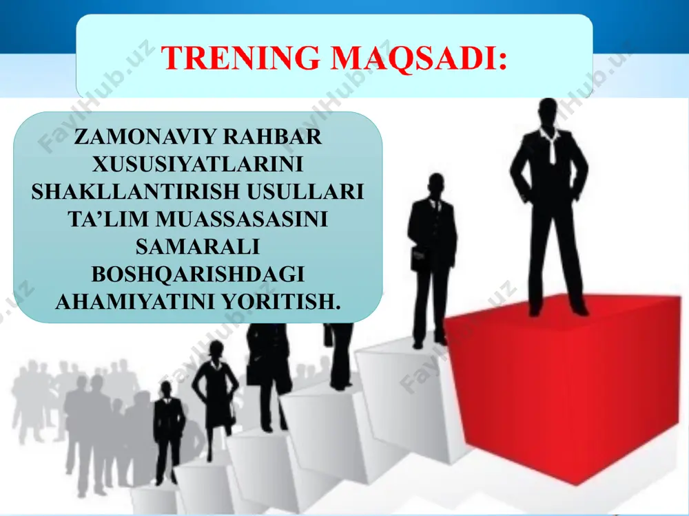 zini o’rganish idrok xaritasi metodi yaxshi rahbar xususiyatlari yarating. yaxshi rahbar xususiyatlari halollik muloqot faol tinglash o’ziga ishonch delegatsiya qaror qabul qilish o’z-o’zini rag’batlantirish hissiy intellect kognitiv moslashuvchanlik advokatlik tajriba minnatdorchilik muhokama imkoniyatlarni oshirish aniqlik ishonch ma’suliyat salbiy rahbar xususiyatlarini yarating. salbiy rahbar xususiyatlarini yomon muloqot kuzatish qobiliystining pastligi kechiktirish vaqtni to’g’ri boshqarmaslik empatiya yo’q favoritizm maqtanish jamoat ishlariga e’tibor bermaslik perfeksioniz bugungi treningda nimani o‘rgandingiz? ushbu trening materiallarida siz uchun nima yangilik bo‘ldi? ushbu materialning qaysi qismi sizga tushunarsiz edi? nega? bugun treningda sizga nima yoqdi? nega? ulardan qaysi biri sizning kasbiy rivojlanishingiz uchun foydali deb hisoblaysiz? nega? feedback reflektiv fikrlaymiz! menejerni yana yetakchilik sifatini egallashi maqsadga muvofiqdir. yetakchi ko'pincha rahbar bo'ladi, ammo uning harakatlarining xarakteri odatdagi menejer- ma'murdan boshqacharoq. u boshqarmaydi, buyruq bermaydi, balki boshqalarni orqasidan olib yuradi. ular unga nisbatan tobelar emas, balki ergashuvchilar bo'ladilar. image2.jpeg image3.png image4.png image5.png image6.png image7.png image8.png image9.png image10.png image11.png image12.png image13.png …