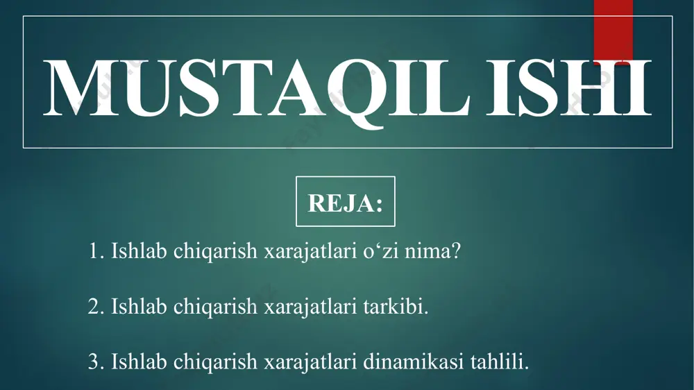 ital amortizatsiyasi; ish haqi va ijtimoiy sug‘urta ajratmalari; foiz to‘lovlari va boshqa xarajatlar 2. ishlab chiqarish xarajatlari tarkibi. xomashyo xarajatlari – bu korxona yoki tashkilot tomonidan ishlab chiqarish jarayonida asosiy mahsulotlarni tayyorlash uchun zarur bo‘lgan xomashyo va materiallarni sotib olishga sarflanadigan mablag‘lar. ushbu xarajatlar korxonaning umumiy ishlab chiqarish xarajatlarining muhim qismini tashkil etadi. asosiy materiallar xarajatlari – bu ishlab chiqarilayotgan mahsulot tarkibiga bevosita kiradigan va mahsulotning asosiy qismini tashkil etuvchi materiallar uchun sarflanadigan mablag‘lar. ushbu xarajatlar mahsulot tannarxini aniqlashda muhim omil hisoblanadi va to‘g‘ridan-to‘g‘ri ishlab chiqarish jarayoniga bog‘liq bo‘ladi. masalan: poyafzal ishlab chiqarishda-charm yoki rezina. qurilishda-beton, g‘isht, sement. non pishirishda-un. yordamchi materiallar – bu mahsulot ishlab chiqarish jarayonida ishlatiladigan, biroq mahsulot tarkibiga bevosita kirmaydigan yoki uning kichik qismini tashkil qiluvchi materiallardir. ushbu materiallar ishlab chiqarishni qulaylashtirish, sifatni yaxshilash yoki qo‘shimcha vazifalarni bajarish uchun zarurdir. masalan: yog‘lar (detallarni yog‘lash uchun), tozalash vositalari, bo‘yoqlar, laklar, elim va boshqalar. yonilgʻi va energiya uchun …