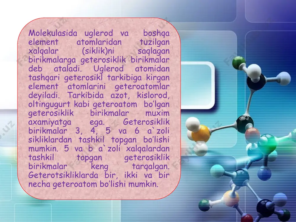 adi. pirrol xlor, brom, xattoki yod bilan elektrofil o’rin almashinish reksiyasiga kirishadi. masalan: ishqoriy muxitda pirrolning to’rtta vodorodi yodga almashi-nadi, natijada 2, 3, 4, 5 tetrayodpirrol xosil bo’ladi. pirrol rux kukuni va suyultirilgan xlorid kislota (zn + hcl) bilan gidrogenlab pirrolin rt yoki ni katalizatori ishtirokida vodorod yoki ni bilan gidrogenlanganda pirrolidinga aylanadi: furfurol (lotin tilidan furfur — kesib ol) — aldegid, yangi qora nonning hidi keladigan suyuq modda. olinishi: har xil qishloq xo’jaligi qoldiqlarini (kungaboqar ildizlari, somon)sulfat kislota bilan qaynatgatib olish mumkin.u suv bug’lari bilan birga haydaladi. qaynash temperaturasi: 161,7 °c; zichligi: 1,16 g/sm³ suvda oz eriydi, organik erituvchilarda yaxshi eriydi. furfurol pirrolinlar (digidropirrollar) olinishi: pirrolni gidrirlash yo’li bilan olinadi. 3ta izomeri mavjud: pirrolinlar 1-pirrolin 3-pirrolin 2-pirrolin pirrolidon kimyoviy formulasi: c4h7no molyar massasi: 85.11 g/mol zichligi: 1.116 g/sm³ suyuqlanish temperaturasi: 23-25 °c qaynash temperaturasi: 245 °c пирролидон (γ-butirolaktam,pirrolidin – 2-on) – laktamlar sinfiga oid organik birikma, o’ziga xos hidli …