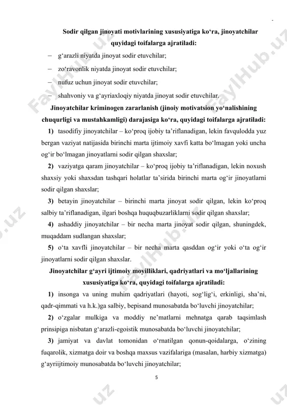 oyatchi harbiy xizmatchilar va hokazo. xorijiy mamlakatlar kriminologiyasida jinoyatchilar asosan quyidagi uch guruhga ajratiladi: 1) tasodifiy jinoyatchilar; 2) potensial jinoyatchilar (jinoyat sodir etishga moyilligi, ko‘nikmasi, qobiliyati bor jinoyatlar). 3) professional jinoyatchilar (jinoyat sodir etish bilan kasb tariqasida shug‘ullanuvchi shaxslar). har qanday tasnif muayyan darajada shartlidir. chunki, amalda yuqorida ko‘rsatilgan toifalardan birortasiga ham mos kelmaydigan, ayni vaqtda aralash belgilarga ega bo‘lgan jinoyatchilar ham uchrashi mumkin. jinoyat sodir etilishida aniq hayotiy vaziyatning tutgan o‘rni shaxsning ma’naviy shakllanish jarayonida muhitning ta’siri juda katta. shaxsning jinoiy xatti-harakat sodir etishiga ko‘maklashadigan, uni osonlashtirgan voqyealar, jarayonlar, sharoitlar aniq hayotiy vaziyat hisoblanadi. muayyan hayotiy vaziyat – shaxsning jinoyat sodir qilishidan oldin va sodir qilish jarayonida uning jinoyat qonuni bilan jazolanadigan xatti-harakatida asosiy o‘rin tutgan g‘ayriijtimoiy qarashlari, xohishlari va odatlari bilan bir vaqtda unga ta’sir qiluvchi omillar yig‘indisi. kriminologik adabiyotlarda aniq hayotiy vaziyatlarni kriminogen va kriminogen bo‘lmagan vaziyatlarga ajratishadi. kriminogen vaziyat – mazmuni bo‘yicha jinoiy niyatning, jinoyat sodir …