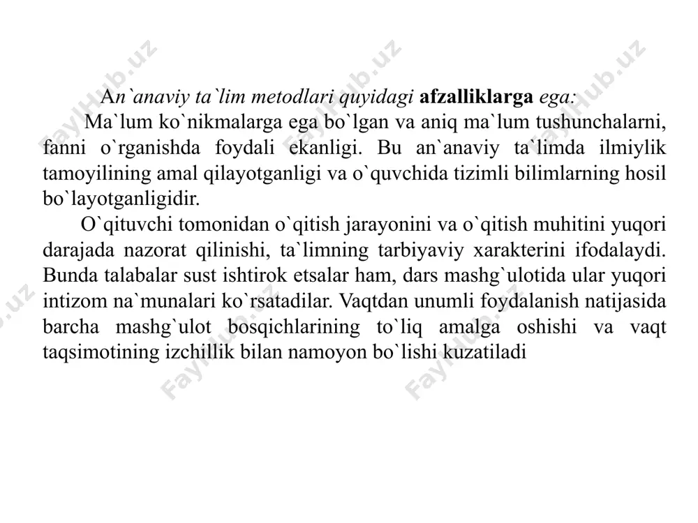 chli» o`quvchilarning ham past baho olishi. o`qituvchining o`zi ham yaxshi rivojlangan fikrlash qobiliyatiga va muammolar yechish ko`nikmalariga ega bo`lishining talab etilishi. bugungi kunda dars mashg`ulotlarida ham an`anaviy, ham noan`anaviy o`qitish modellaridan foydalaniladi. bunda mavzuning xususiyatiga, o`zlashtiriladigan materialning mazmuniga va o`quv maqsadlarining tarkibiga va nazorat tizimining qanday tashkil etilish jihatlariga e`tibor beriladi. tadqiqotlar shuni ko`rsatadiki, an`anaviy dars shaklini saqlab qolgan holda, unga turli — tuman o`quvchilar faoliyatini faollashtiradigan metodlar bilan boyitish o`quvchilarning o`zlashtirish darajasini ko`tarilishiga olib kelar ekan. topshiriqlar: ishning maqsadi: talaba tomonidan laboratoriya ishi mavzusi yuzasidan 5 tadan nazorat savollari va 5 tadan turli darajadagi testlar tuzishlari. an’anaviy va noan’anaviy jarayonlari tashkil etishdagi asosiy farqlarni tushuntiring. o‘qitishning noan’anaviy usullaridan samarali foydalanish o‘qituvchining qanday xislatlariga bog‘liq? noan’anaviy o‘qitish jarayonida o‘qituvchi dars o‘tishda aqliy hujum usulidan foydalanish tartibini izohlang. guruh (juft) bo‘lib ishlash, bahs, mehmon mashqlari usullari mohiyatini tushuntiring. o‘yinlar, loyihalash, kitob bilan ishlash, individual - amaliy usul, suhbat usullari mohiyatini tushuntiring. …