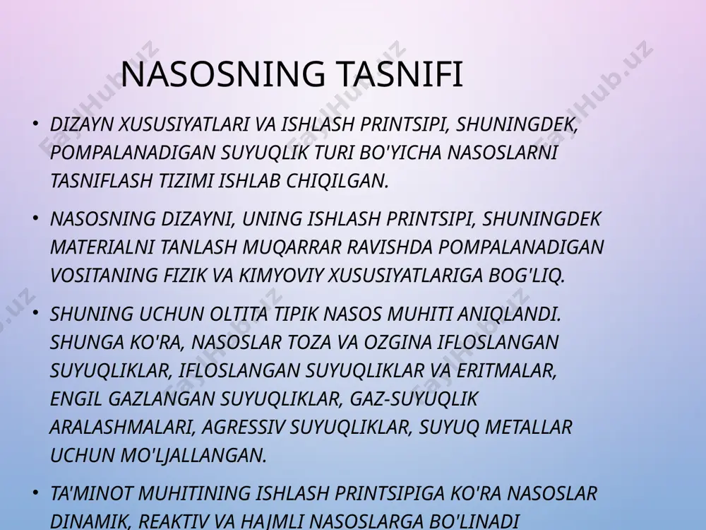sqichli yaratilgan bosim bo'yicha-past bosimli15 m gacha, o'rta bosim 15 dan 40 m gacha, yuqori bosimli 40 m dan ortiq.pompalanadigan suyuqlikning turiga ko'ra-suv, kislota, gidroksidi, neft vortex nasosining ishlash printsipi suyuqlik assimilyatsiya teshigi orqali kanalga kiradi, pervanel bilan u bo'ylab harakatlanadi va markazdan qochma kuchlar ta'sirida chiqish teshigi orqali chiqariladi. suyuq ishqalanish tufayli suyuqlik inhibe qilinadi va uning kinetik energiyasi potentsial bosim energiyasiga aylanadi. yelka pichoqlari orasidagi bo'shliqda suyuqlik tananing oqim kanalidan o'tgan suyuqlik joyiga so'riladi. pervanel pichoqlari yana unga ta'sir qiladi va suyuqlik spiralda harakatlanadi. uning energiyasi ortadi. nasosning ishlash printsipi suyuqlik bilan to'ldirilgan korpus va assimilyatsiya trubkasi bilan pervanel aylanadi. pervanel kanallarida (pichoqlari orasida) joylashgan suyuqlik markazdan qochma kuch ta'sirida g'ildirak markazidan atrofga (devorlarga) tashlanadi. natijada, g'ildirakning markaziy qismida vakuum hosil bo'ladi va atrof — muhitda bosimning oshishi kuzatiladi. ushbu bosim ta'sirida nasosdan suyuqlik bosim quvuriga kiradi, shu bilan birga vakuum ta'sirida assimilyatsiya quvuri orqali suyuqlik nasosga kiradi. …