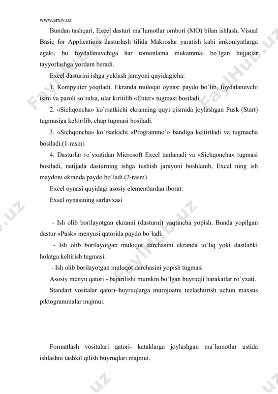 vid(view), vstavka(insert), format (for-mat), servis(tools), danno`e(data), okno(window), spravka(help) yuqorida keltirilgan bo`limlar bandlarining shakli microsoft office 2000 dasturlarinikiga aksariyat xollarda o`xshash bo`lsada, mazmunan excel ning maqsad va vazifalaridan kelib chiqqan xolda tuzilgan. bundan tashqari, ba`zi bo`limlar faqat mazkur dasturga tegishli vazifalarni bajaradi. fayl(file) punkti quyidagi buyruqlarni o`z ichiga oladi: (sozdat) new (yangi ish kitobini ochish), оtkrit(open) (mavjud ish kitobini ochish), zakrit(close) (joriy ish kitobini yopish), soxranit(save) (joriy ish kitobni xotirada saqlash), soxranit как(save ass) (joriy ish kitobini yangi nom bilan saqlab qo`yish yoki boshqa bir katalogga joylashtirish), soxranit nastroyki(save workspace) (berilgan konfigurasiyada ishlash imkoniyatini saqlagan holda ekranning ko`rinishini va sistema sozlanish holatini saqlash), nastroyki stranis (page setup) (ishchi sahifasini formatlashga oid parametrlardan iborat muloqat oynasini hosil qilish), predvaritelno`y prosmotr(print preview) (bosmaga tayyorlangan hujjatni sahifaga joylashishini oldindan ko`rish), pechat(print) (faylni bosmaga chiqarish), vixod (exit) (excel dan chikish). pravka (edit) punkti quyidagi buyruqlar bilan ish yuritadi: otmenit deystvie(undo entry) (ma`lumotlarni o`zgartirishga olib kelgan …