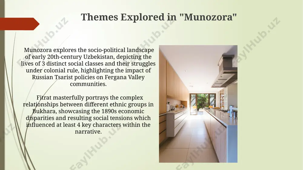 of modern uzbek literature, pioneering new narrative techniques and challenging 1,001 years of traditional storytelling forms prevalent in central asia. "munozora," written by abdurauf fitrat in the early 20th century in bukhara, uzbekistan, is significant for its portrayal of 19th-century social and political realities, offering a glimpse into the lives of 2 distinct social classes. resources for finding translations contact specialized libraries focusing on central asian studies, such as those found at major universities in the us (e.g., harvard, columbia) and europe (e.g., oxford, berlin), which may hold rare books and translated texts of uzbek literature, potentially including "munozora." explore academic databases such as jstor and project muse; these often contain scholarly articles referencing or excerpting translations of uzbek literature, potentially leading you to full translations of fitrat's "munozora." contextual background of the novel fitrat uses the backdrop of samarkand and bukhara, two historically significant cities in uzbekistan, to illustrate …