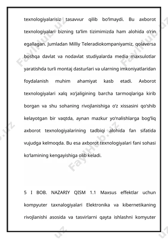 ng juda ham muhim rol o‘ynadi. kompyuterda yaratilgan tasvirlar (cgi) – bu maxsus effektlarga kompyuter grafikasi (yoki aniqrog‘i, 3d kompyuter grafikasi) sohasini qo‘llash. cgi 7 filmlarda, teledasturlar va reklamalarda, bosma nashrlarda ishlatiladi. video o‘yinlar ko‘pincha real vaqtda kompyuter grafikasidan foydalanadi (kamdan-kam hollarda cgi deb ataladi), lekin odatda cgi uchun odatiy bo‘lgan “sahnalar” va kirish filmlarini ham o‘z ichiga olishi mumkin. ular fmv deb ataladi. cgi vizual effektlar uchun ishlatiladi, chunki sifat odatda yuqori va effektlar boshqa jismoniy jarayonlarga qaraganda ko‘proq nazorat qilinadi, masalan, effektli tortishish uchun miniatyuralar yaratish yoki olomon sahnalari uchun qo‘shimchalarni yollash va bunday bo‘lmagan tasvirlarni yaratishga imkon beradi. har qanday boshqa texnologiyadan foydalanish mumkin. bu, shuningdek, bitta rassomga aktyorlar, qimmatbaho to‘plamlar yoki rekvizitlarsiz kontent yaratishga ruxsat berishi mumkin. so‘nggi paytlarda cgi dasturiy ta’minotining mavjudligi va kompyuter tezligining oshishi alohida rassomlar va kichik kompaniyalarga o‘z kompyuterlaridan professional darajadagi filmlar, o‘yinlar va tasviriy san’at ishlab chiqarish imkonini berdi. bu …