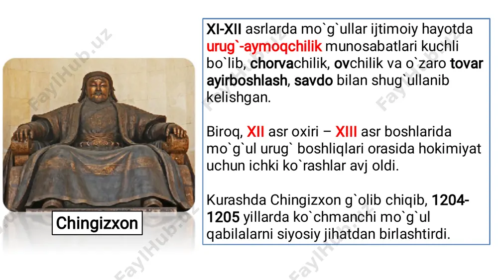 yerdagi soyasi) deb yozdirishni buyurgan xorazm shohlar turkon xotun qang`ar, qipchoq, turkman muhammad xorazmsho h jaloliddin manguberdi «tinchlik va din homiysi, koinot ayollari malikasi turkon iskandari soniy dunyo malikasi xorazmshoh 1216 yil- bahovuddin roziyni yubordi chingizxon 1218 yil mahmud yalavoch, yusuf kenka, aliakbar xojani yubordi shu yili xorazmshoh 2-elchilarni junatdi chingizxo n mahmud yalavochni qayta junatdi 1218 yil chingizxon 500 tuya, 450 musulmon savdogarni junatdi. chingizxonni maktubi mahmud yalavoch o`tror hokimi inalxon karvonni talaydi. unga xorazmshoh buyruq bergan edi. o`tror fojeasidan so`ng chingizxon ibn kafroj bug`roni ikki mulozim bilan xorazmshoh huzuriga jo`natdi. xorazmshoh elchini o`ldiradi va mulozimni soqolini kirib, sharmanda qilgan holda orqaga qaytarib 1 • • chig`atoy va o`qtoy- 100 000 askar o`tror shahrini qamal qilish 2 • • jo`ji- 50 000 askar sig`noq, o`zgan, jandni egallash 3 • • chingizxon va tuluxon- 40 000 qo`shin buxoro shahrini egallash 4 • • aloqnuyon va sukatu cho`rbiy- 5000 askar banikat …
